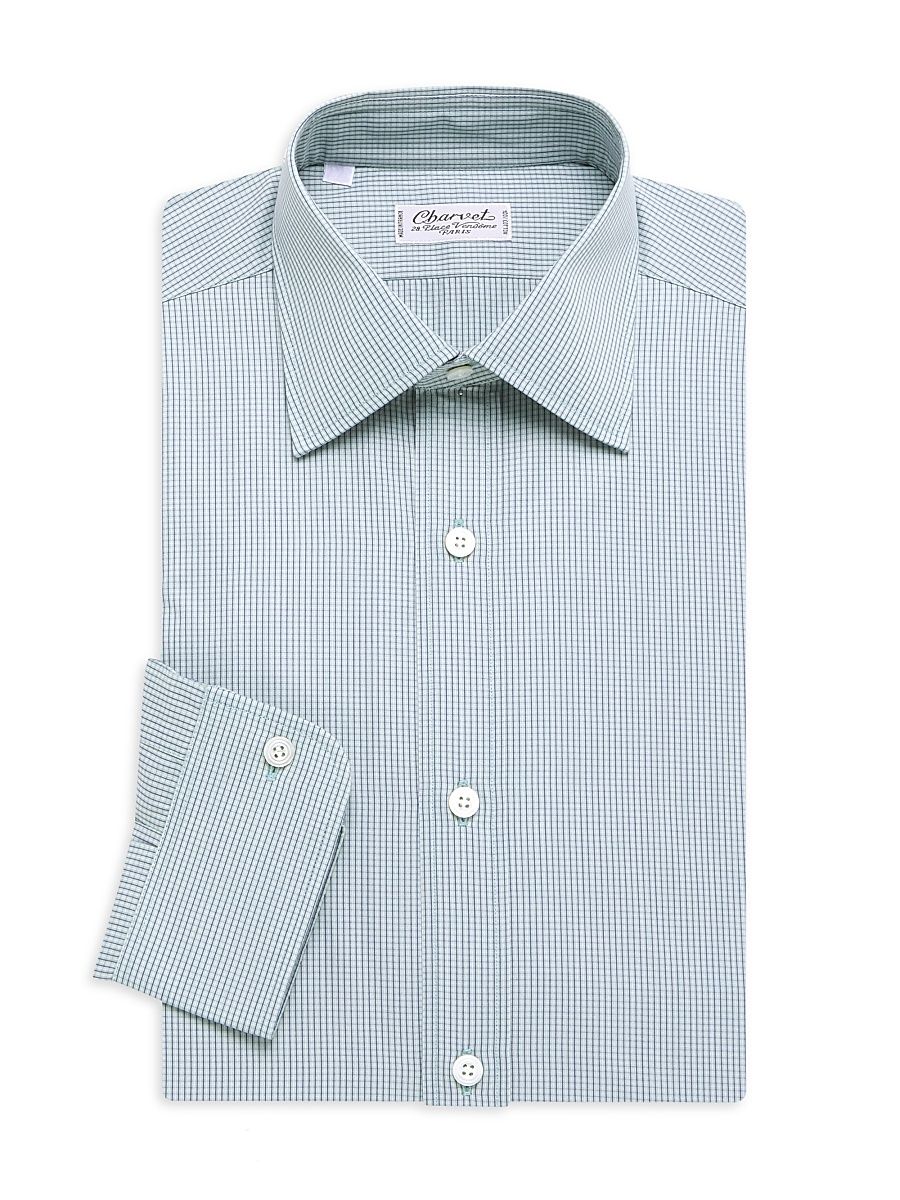 Men's Mini Windowpane Check Dress Shirt - Green Blue - Size 15