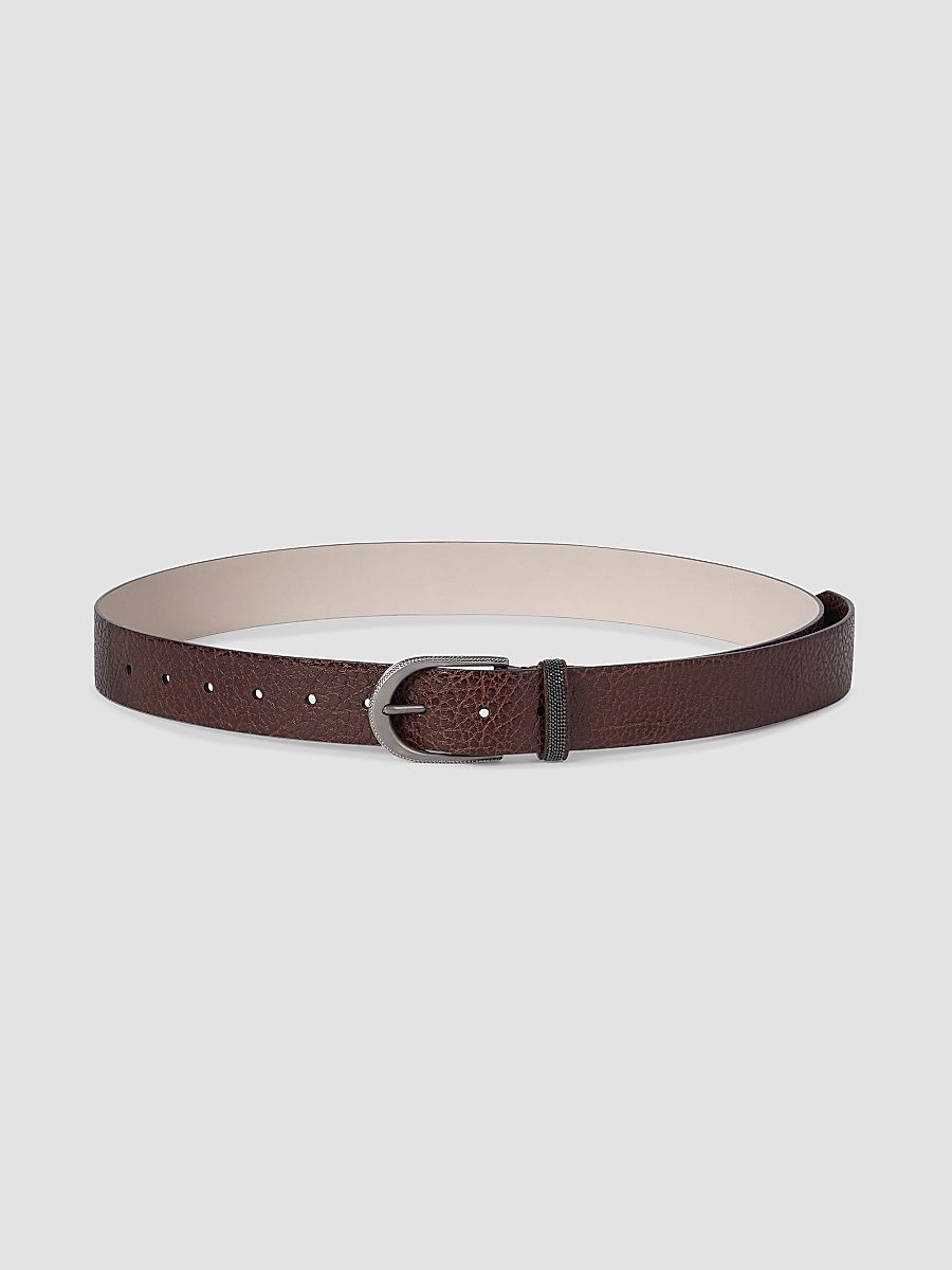 Women's Glossy Hammered Calfskin Belt with Monili - Brown - Size Large