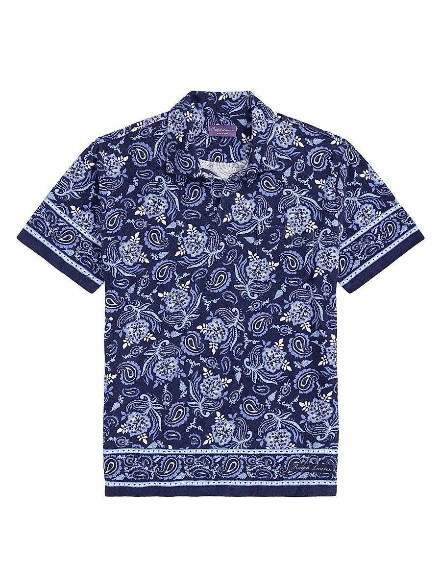 Men's Paisley Terry Cotton Polo Shirt - Maiori Choppa Border Print - Size XL