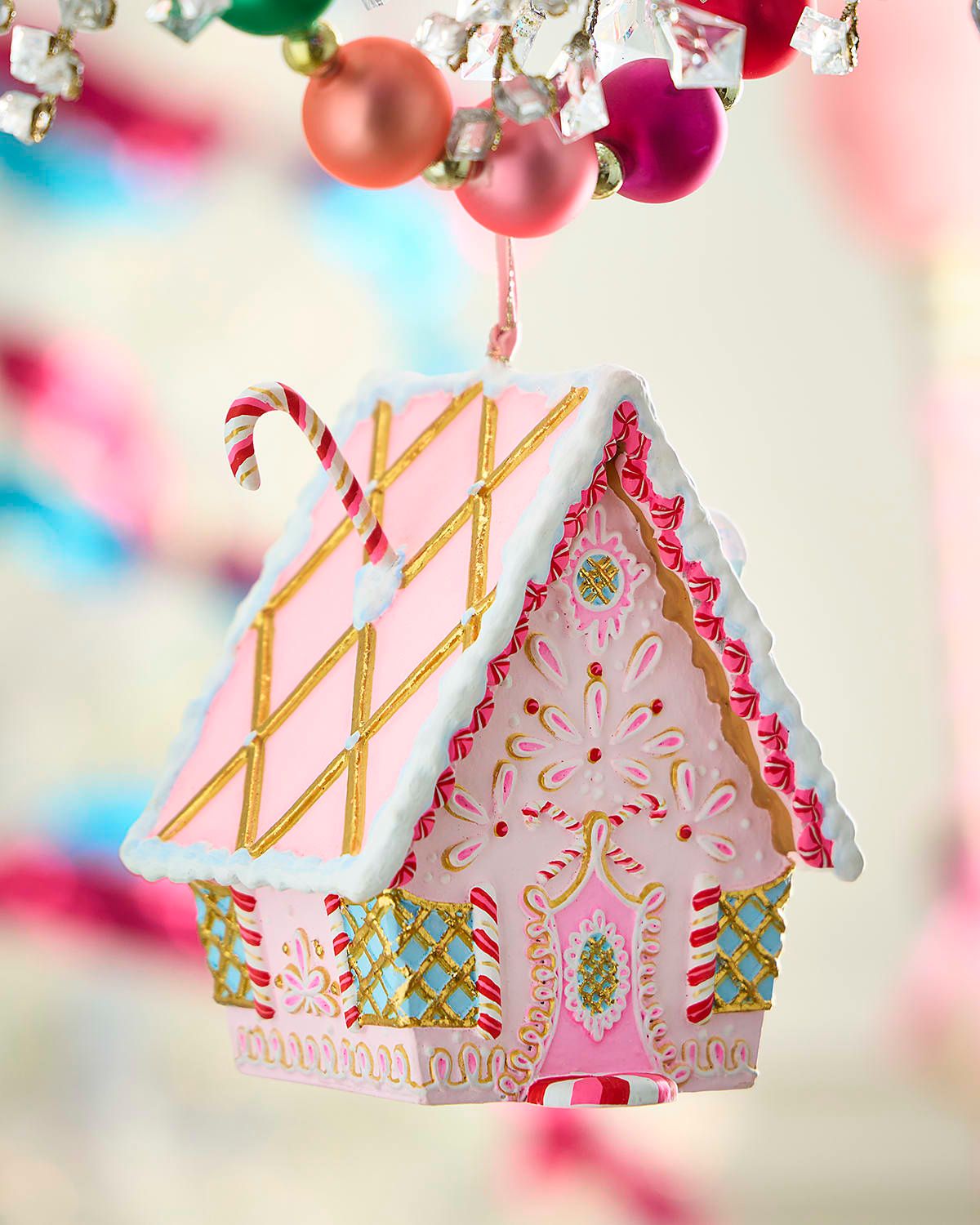 Rainbow Gingerbread Cottage Christmas Ornament, Light Pink