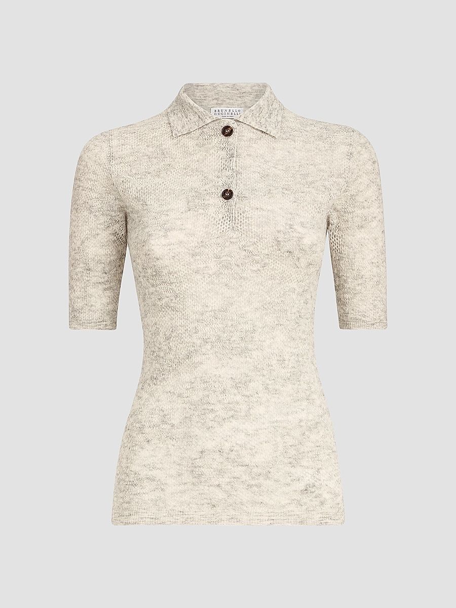 Women's Silk, Alpaca and Wool Flower Lace Knit Polo - Fog - Size XXXL