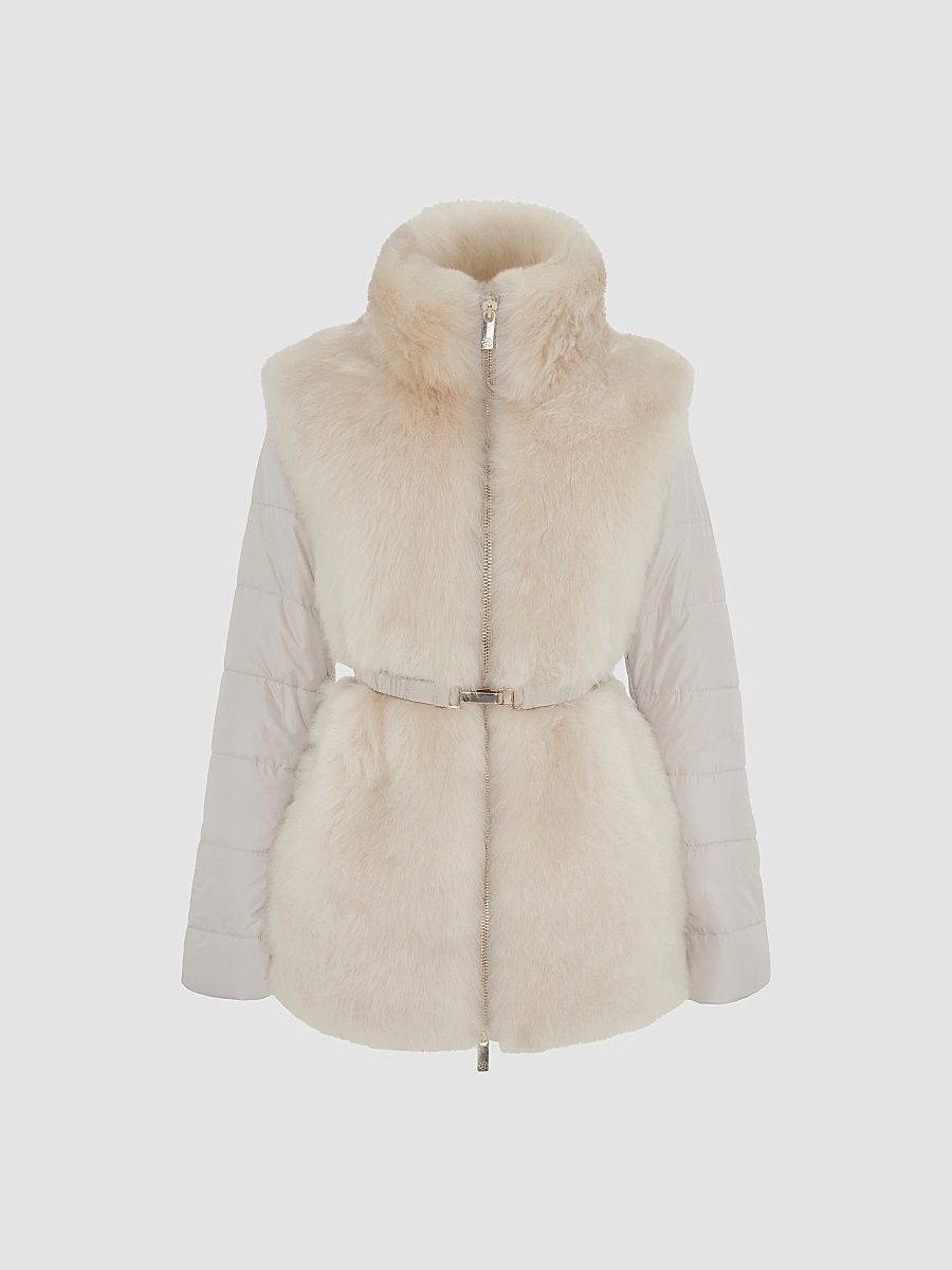 Gorski Women's Select Shearling Lamb Jacket with Quilted Sleeves and Back, Belt - Palomino - Size XL