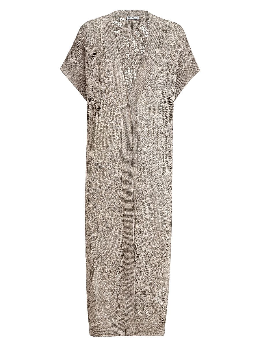 Women's Dazzling Water Lillies Long Cardigan in Linen and Cotton - Mud - Size XXL