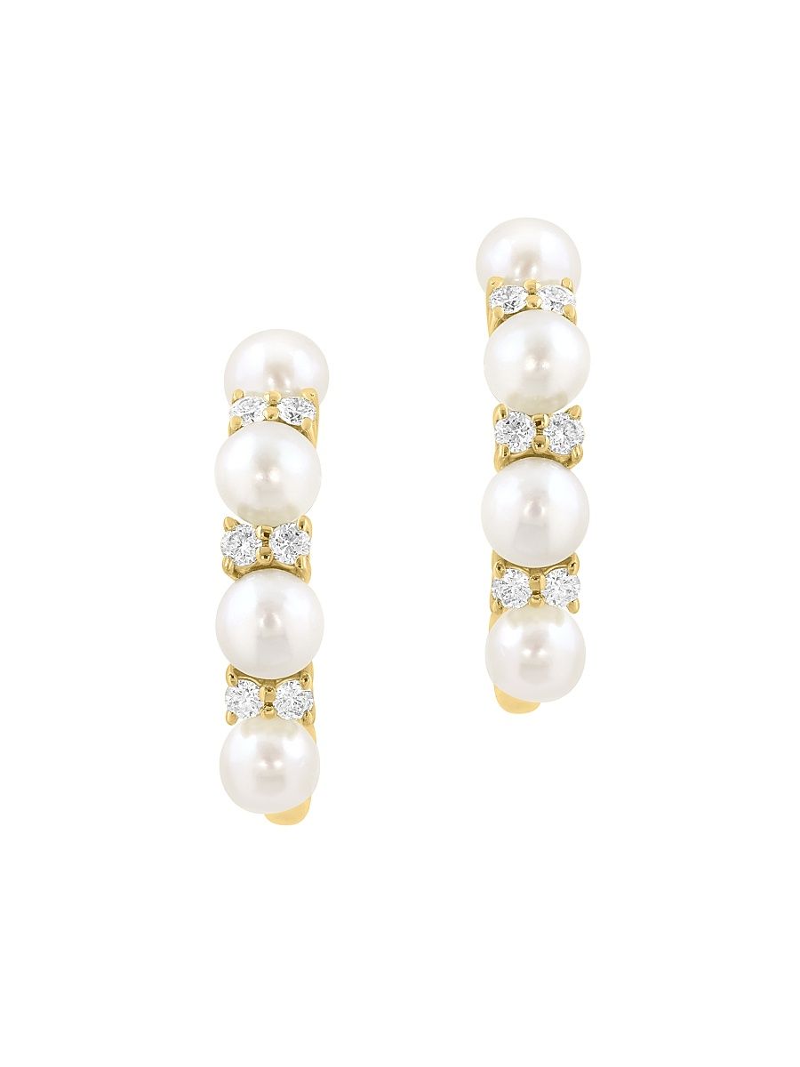 Women's 18K Yellow Gold, Cultured Freshwater Pearl & 0.12 TCW Diamond Hoop Earrings - Yellow Gold