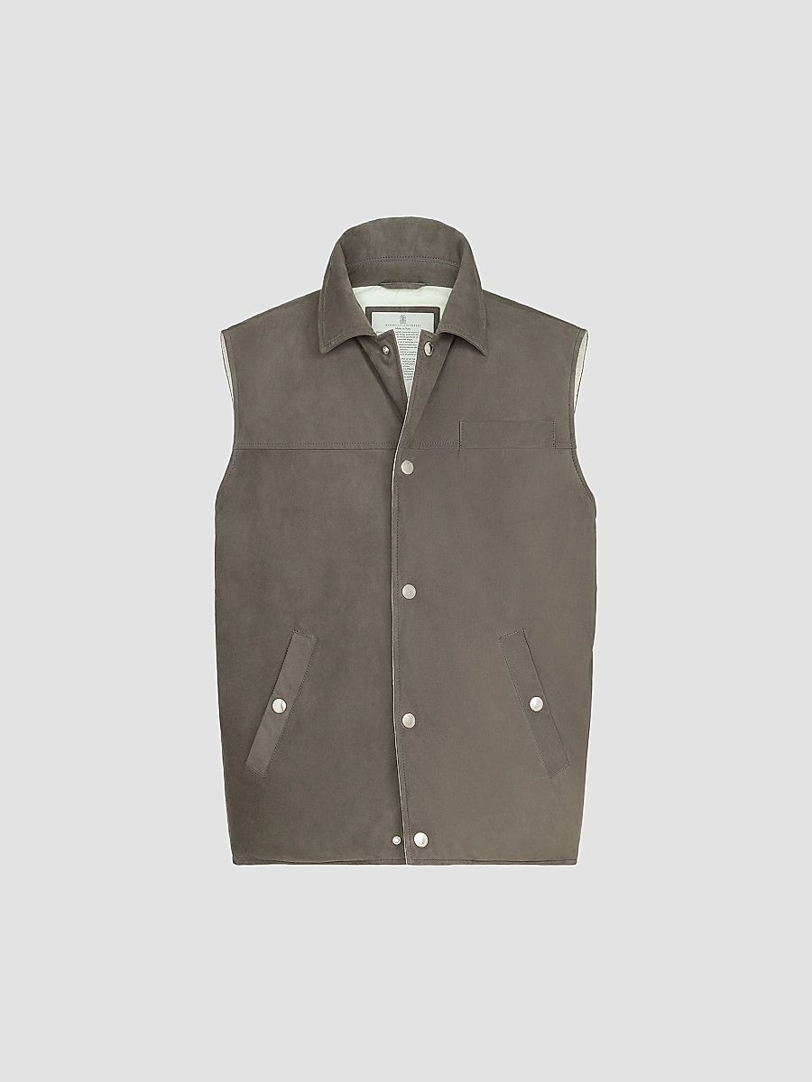 Men's Suede Down Vest with Shirt-Style Collar - Grey - Size Large