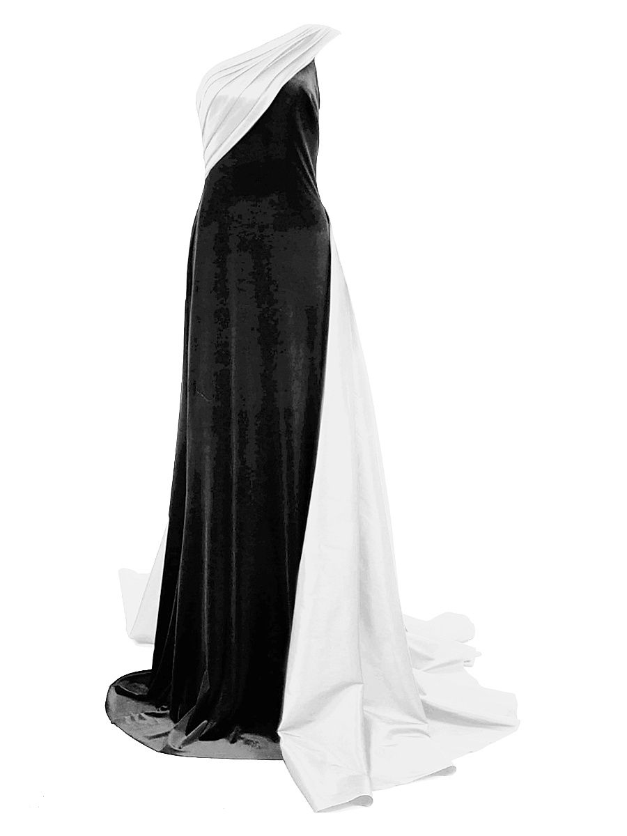 Women's One-Shoulder Crepe Taffeta Gown - Black White - Size 16