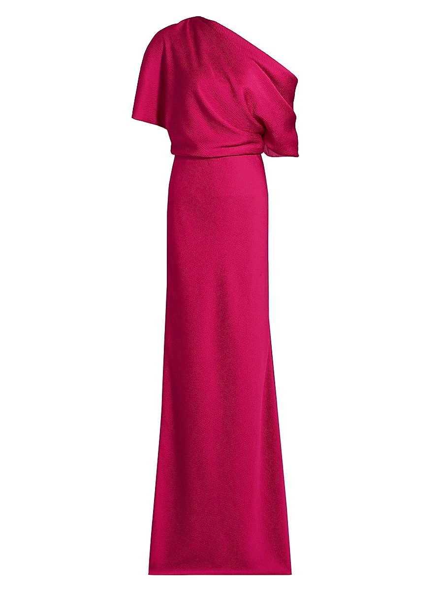 Women's Satin Draped One-Shoulder Column Gown - Magenta - Size 10