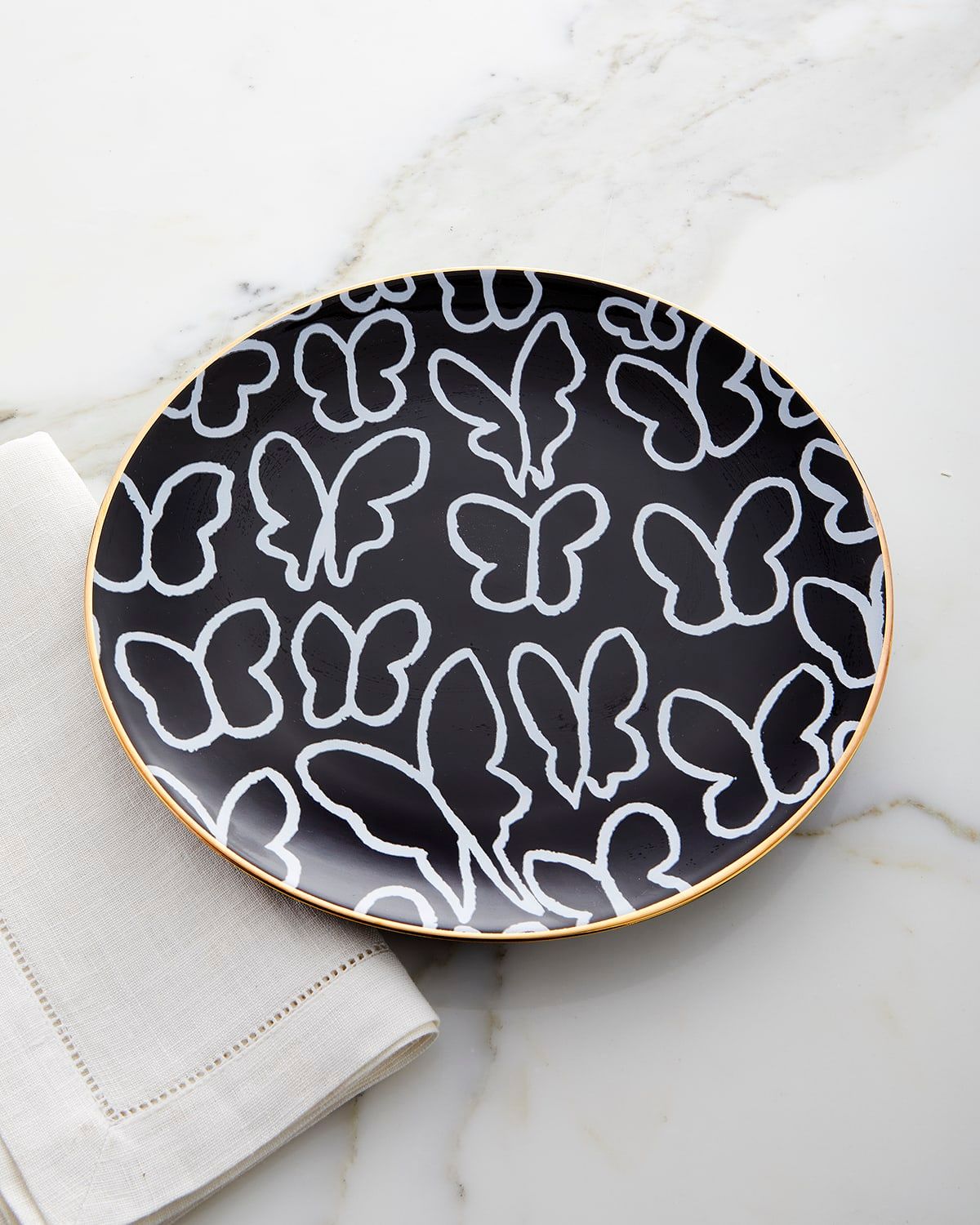 Butterfly Dinner Plate with Gold Rim - Black