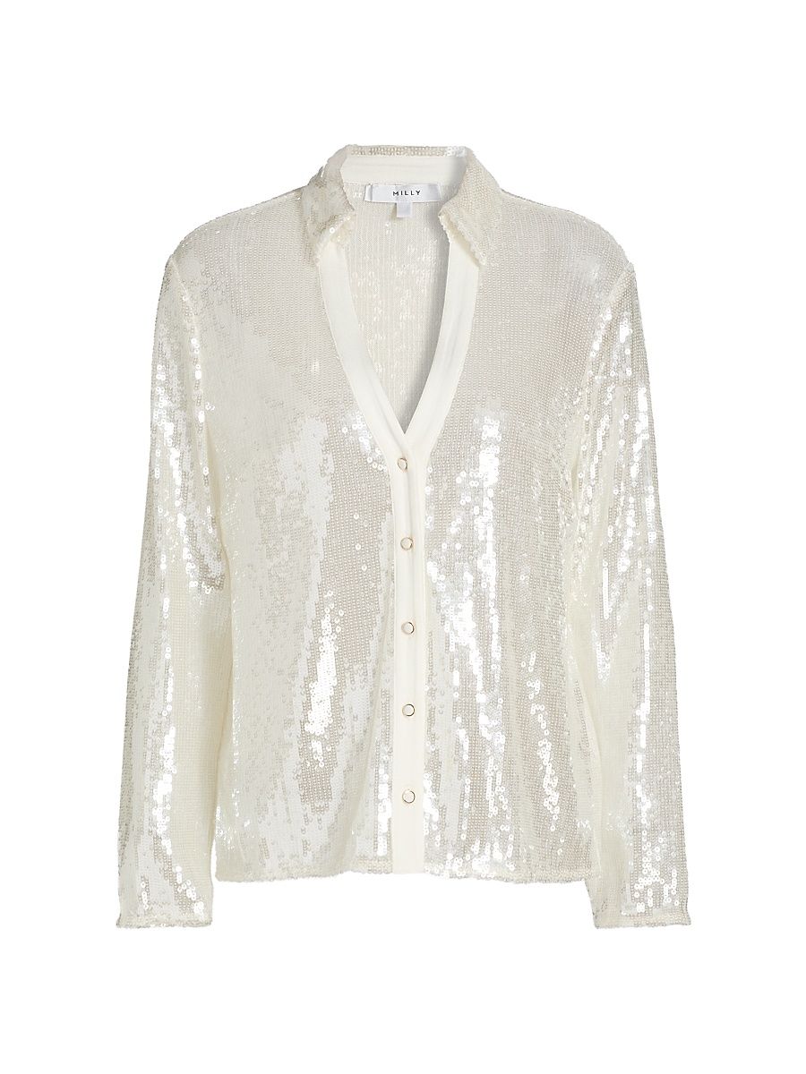 Women's Rory Solid Sequined Blouse - White - Size Large