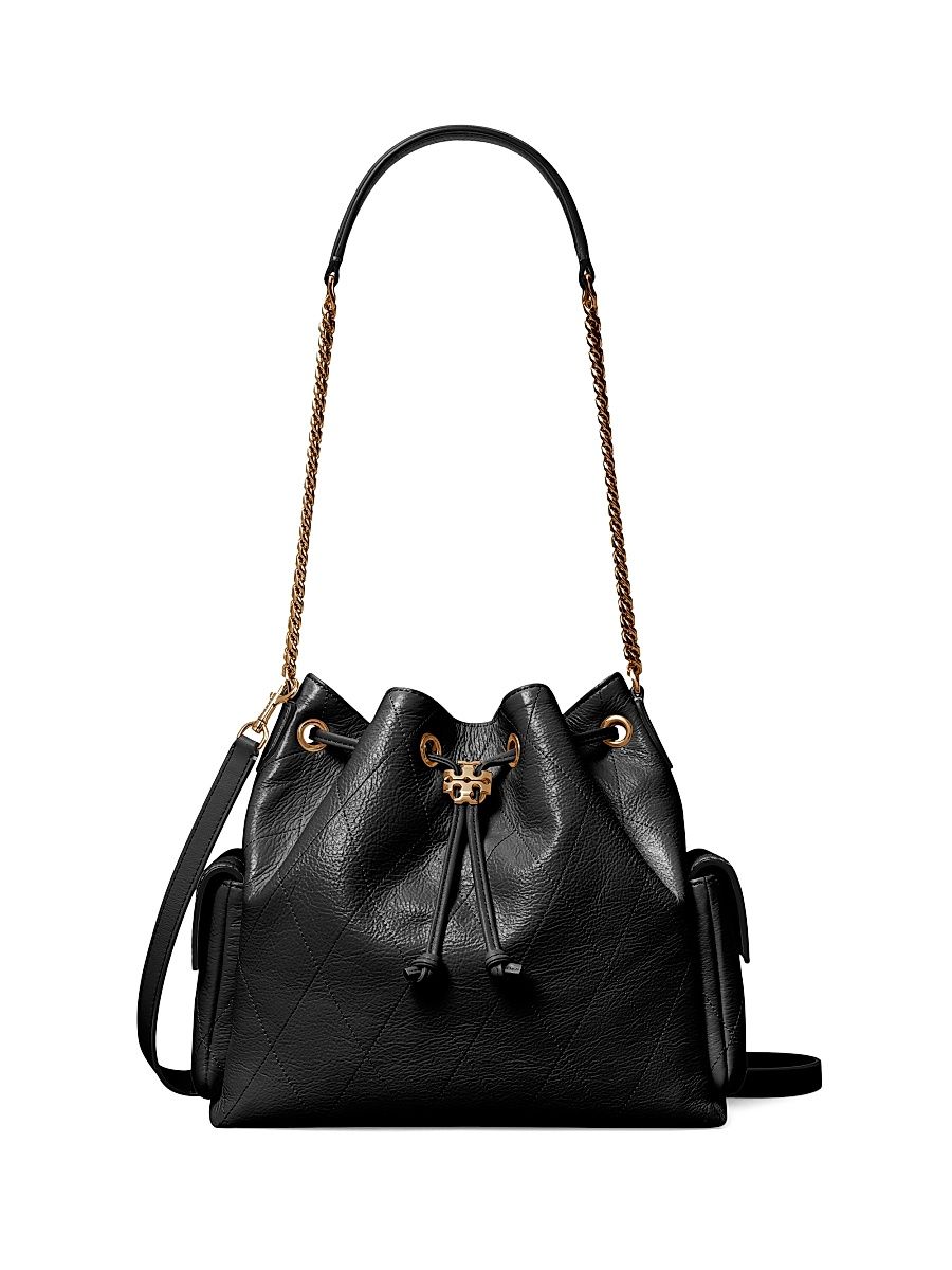 Women's Charlie Quilted Leather Drawstring Shoulder Bag - Black