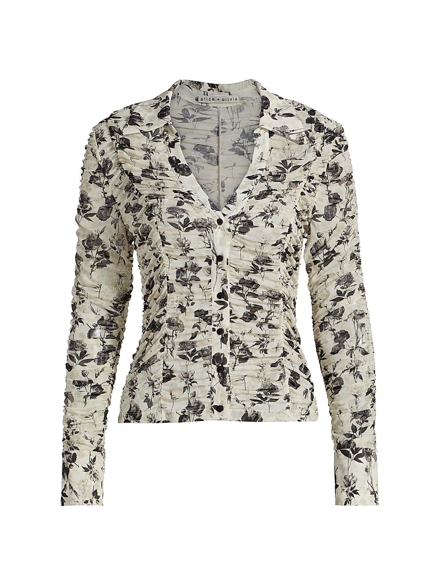 Women's Portia Floral Fitted Mesh Button-Front Top - Arden Forest - Size Large