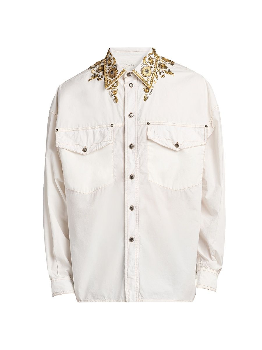 Men's Embroidered Point Collar Cotton Shirt - White - Size 40