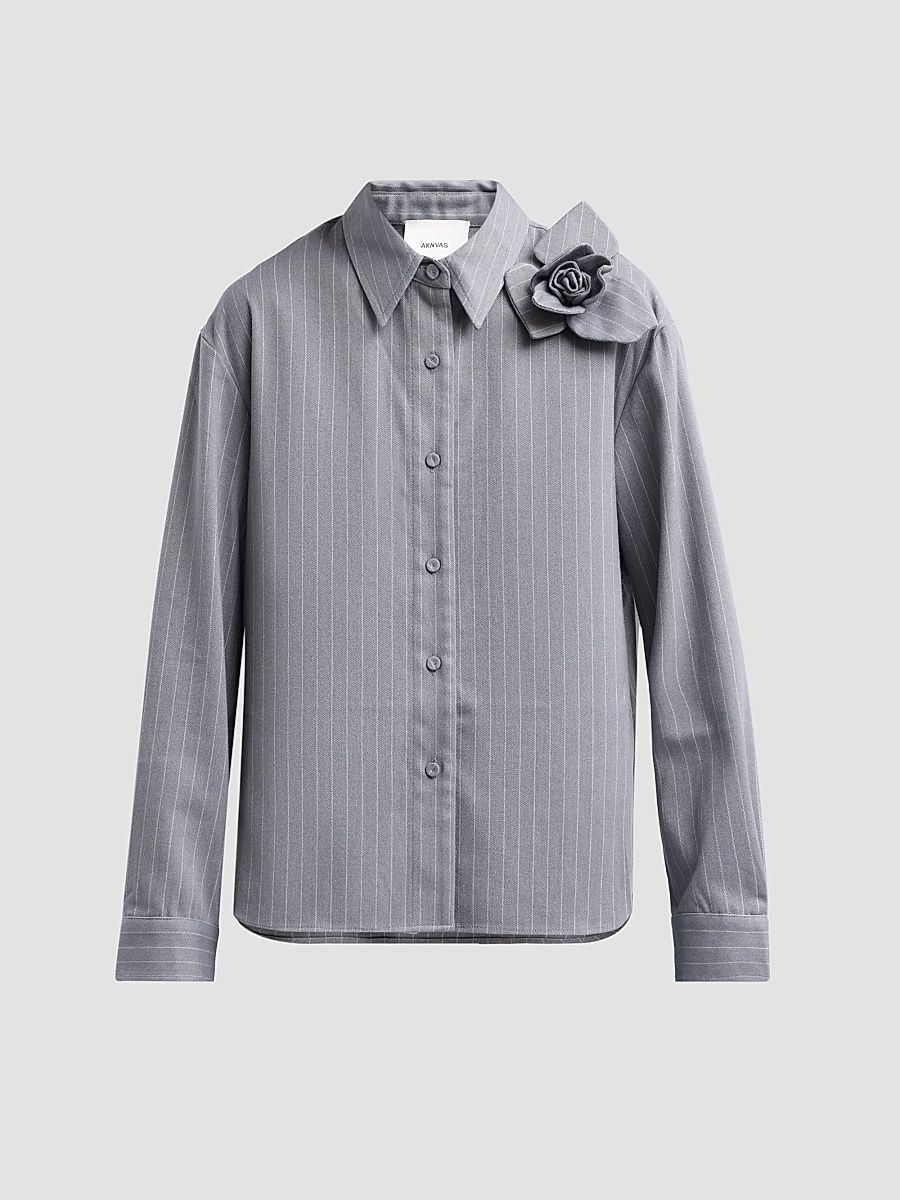 Women's Flor 3D Rose Pinstripe Top - Grey White - Size XL