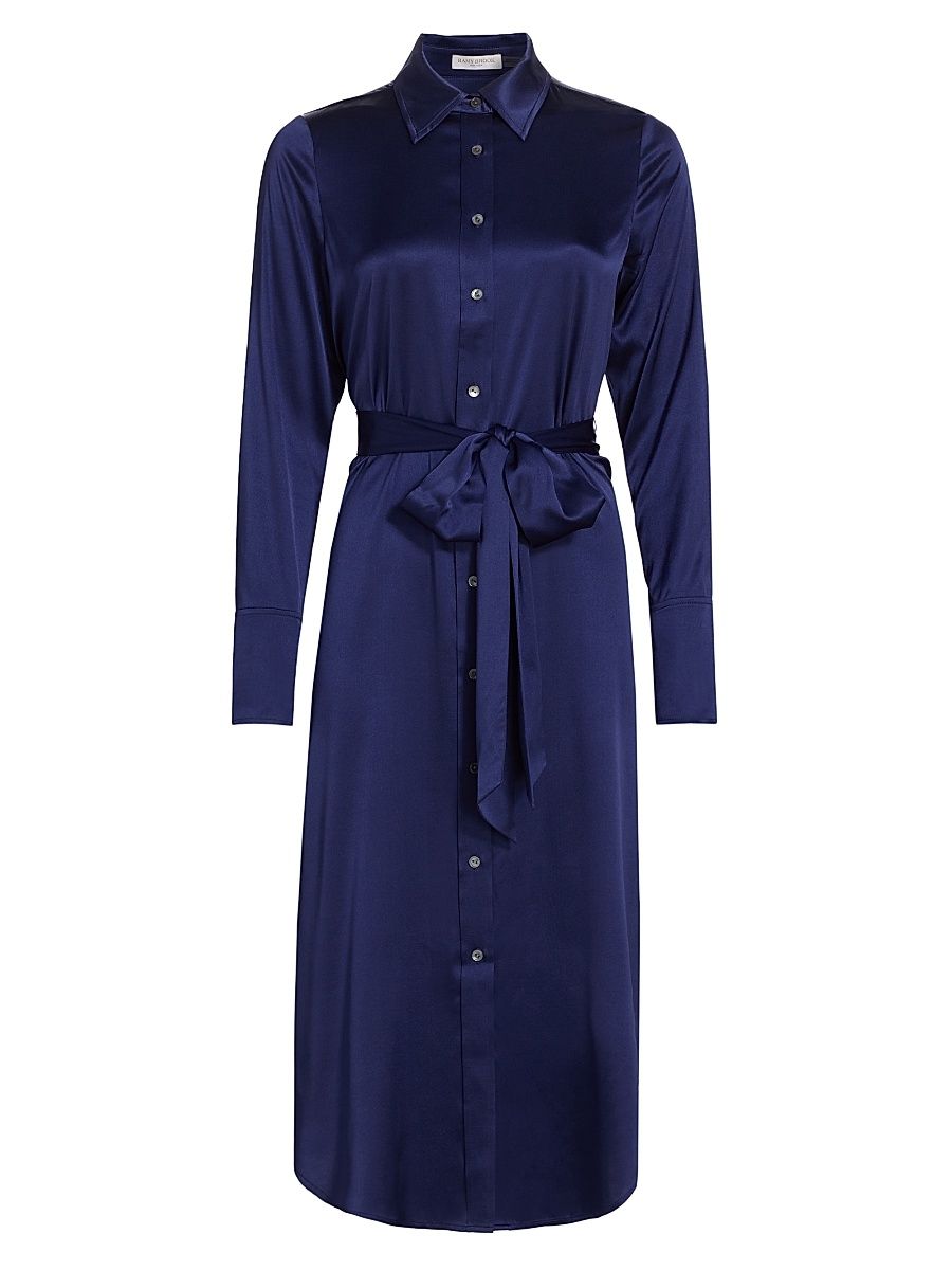 Women's Victoria Stretch Silk Tie-Waist Shirtdress - Navy - Size XL