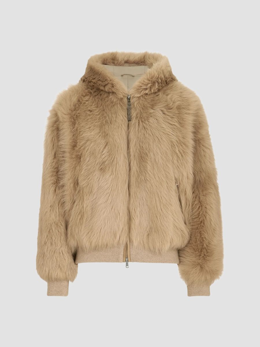 Brunello Cucinelli Women's Lux Shearling Padded Outerwear Coat with Shiny Zipper Pull - Honey - Size 8