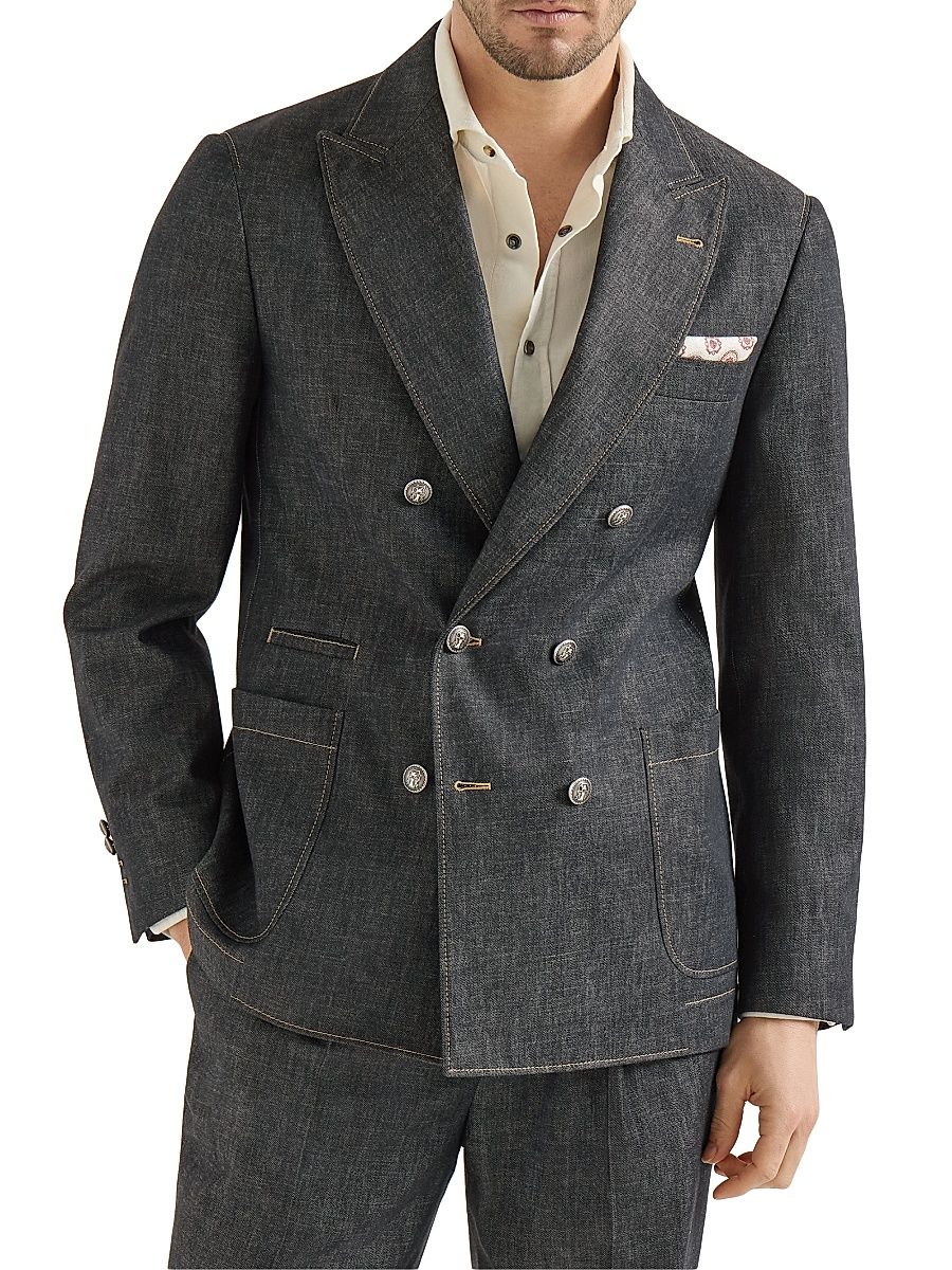 Men's Lightweight Denim One and a Half Breasted Deconstructed Blazer - Dark Grey - Size 42