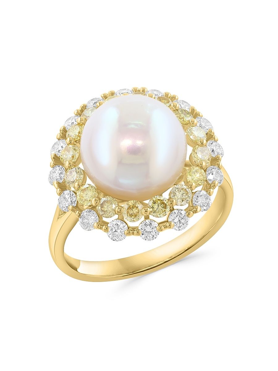Women's 14K Yellow Gold, Freshwater Pearl & 1.29 TCW Diamond Halo Ring - Yellow Gold - Size 7