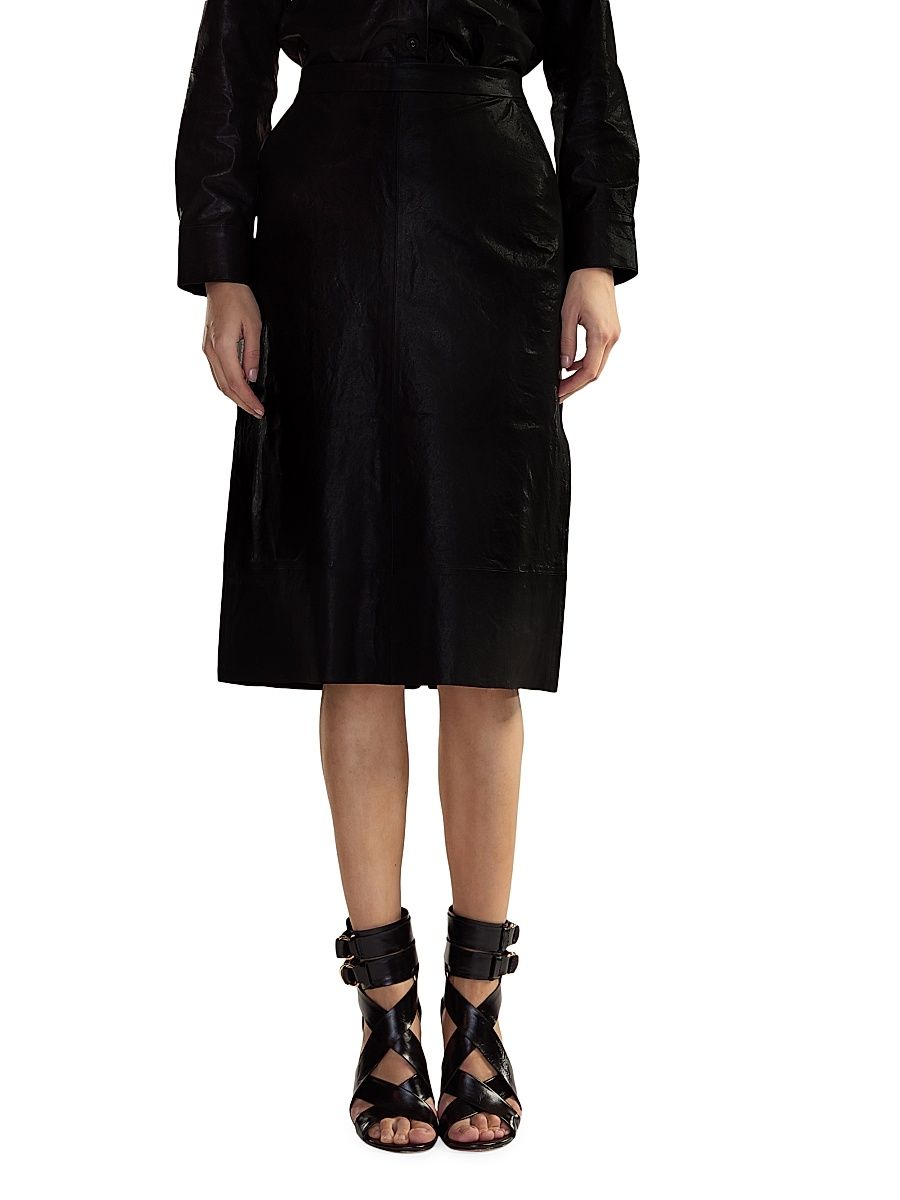 Women's Leather High-Waisted Back-Slit Midi-Skirt - Black - Size 4