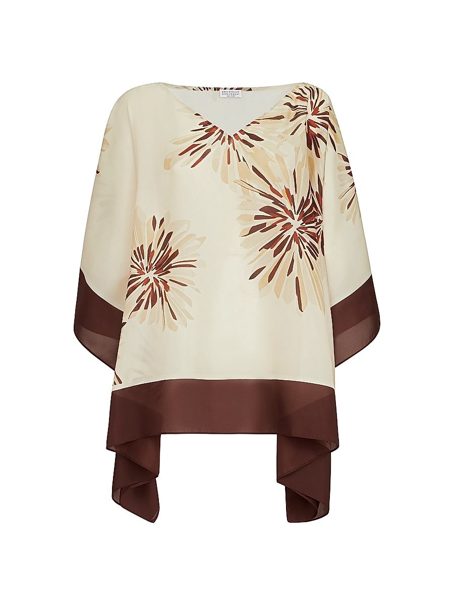 Women's Silk Bloom Print Pongee Poncho Style Top - Beige - Size XXS