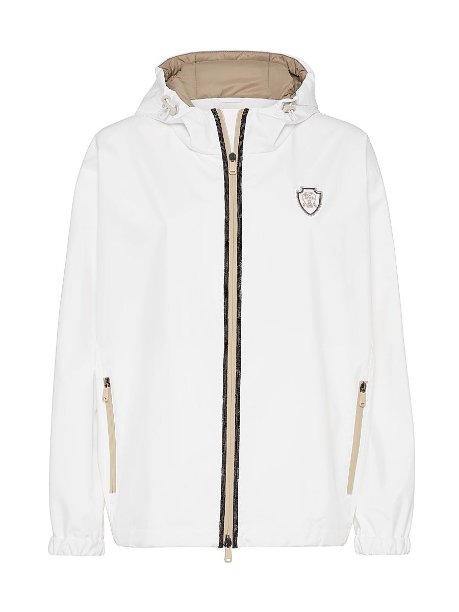 Women's Nylon Hooded Outerwear Jacket with Logo and Precious Trims - Beige - Size 4
