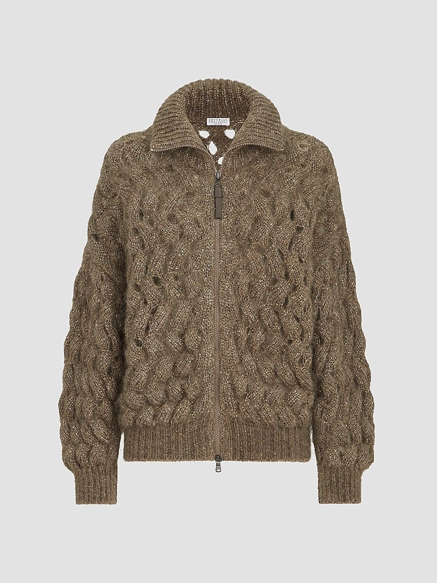Women's Dazzling Zigzag Cables Cardigan in Mohair and Wool - Bark - Size XXS