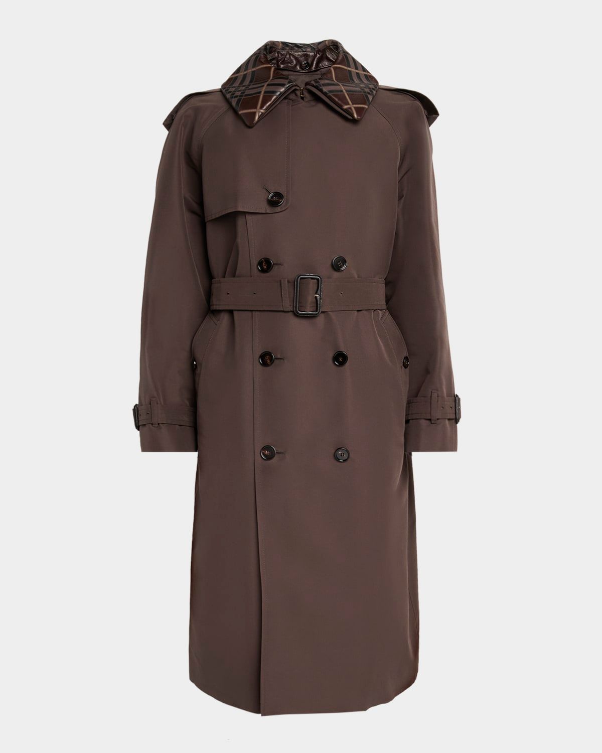 Men & apos;s Leather-Check Collar Silk and Cotton Trench Coat