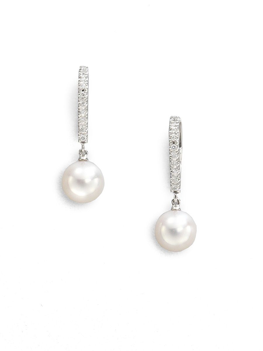 Women's 7.5MM White Cultured Akoya Pearl, Diamond & 18K White Gold Drop Earrings - White Gold