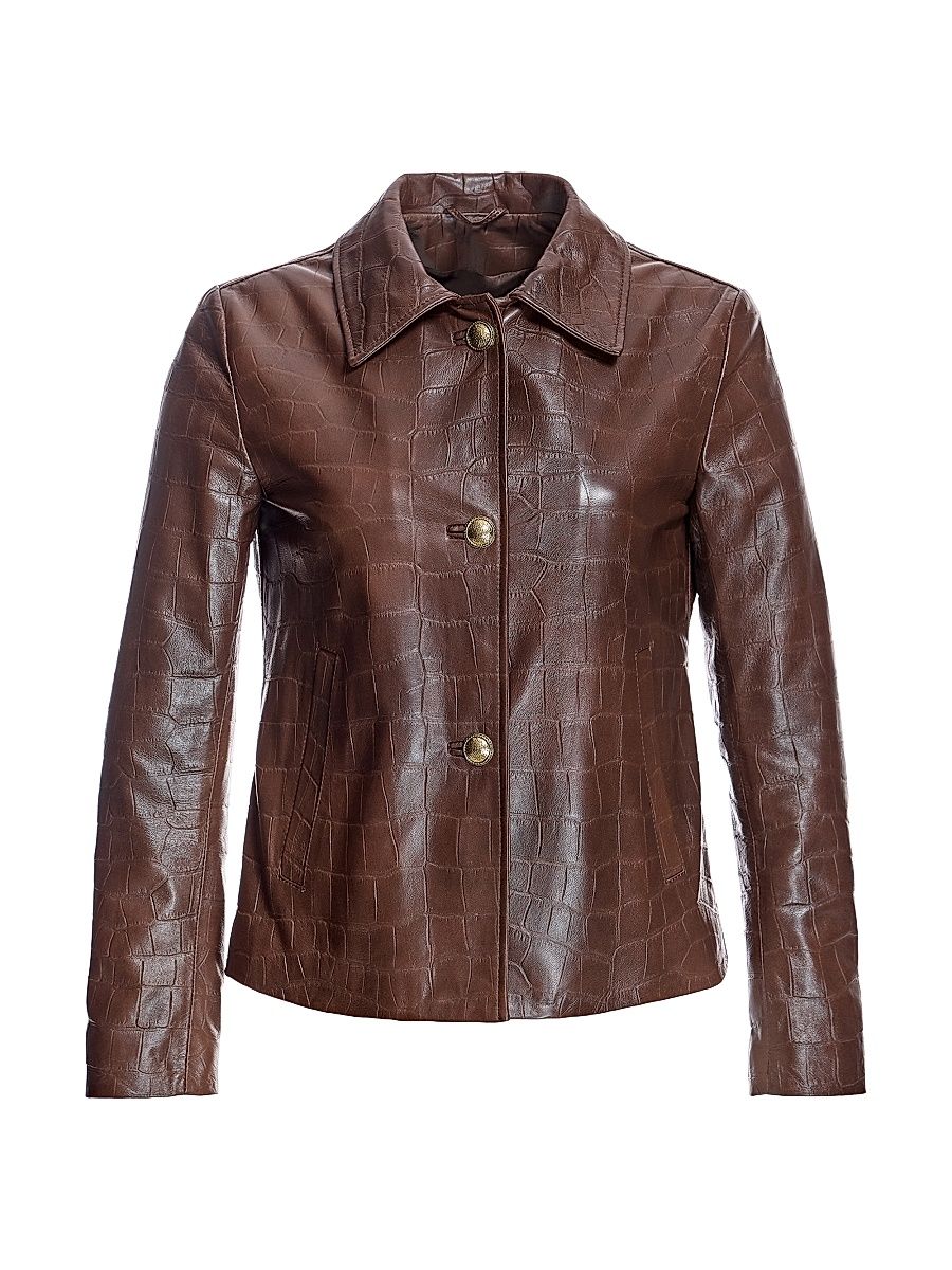 Women's Maximilian Leather Croc Stamped Jacket - Brown - Size Small