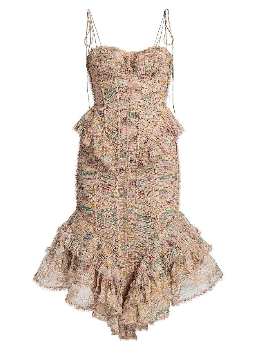 Women's Rebellion Printed Ruffled Corset Midi-Dress - Pink Floral - Size 10