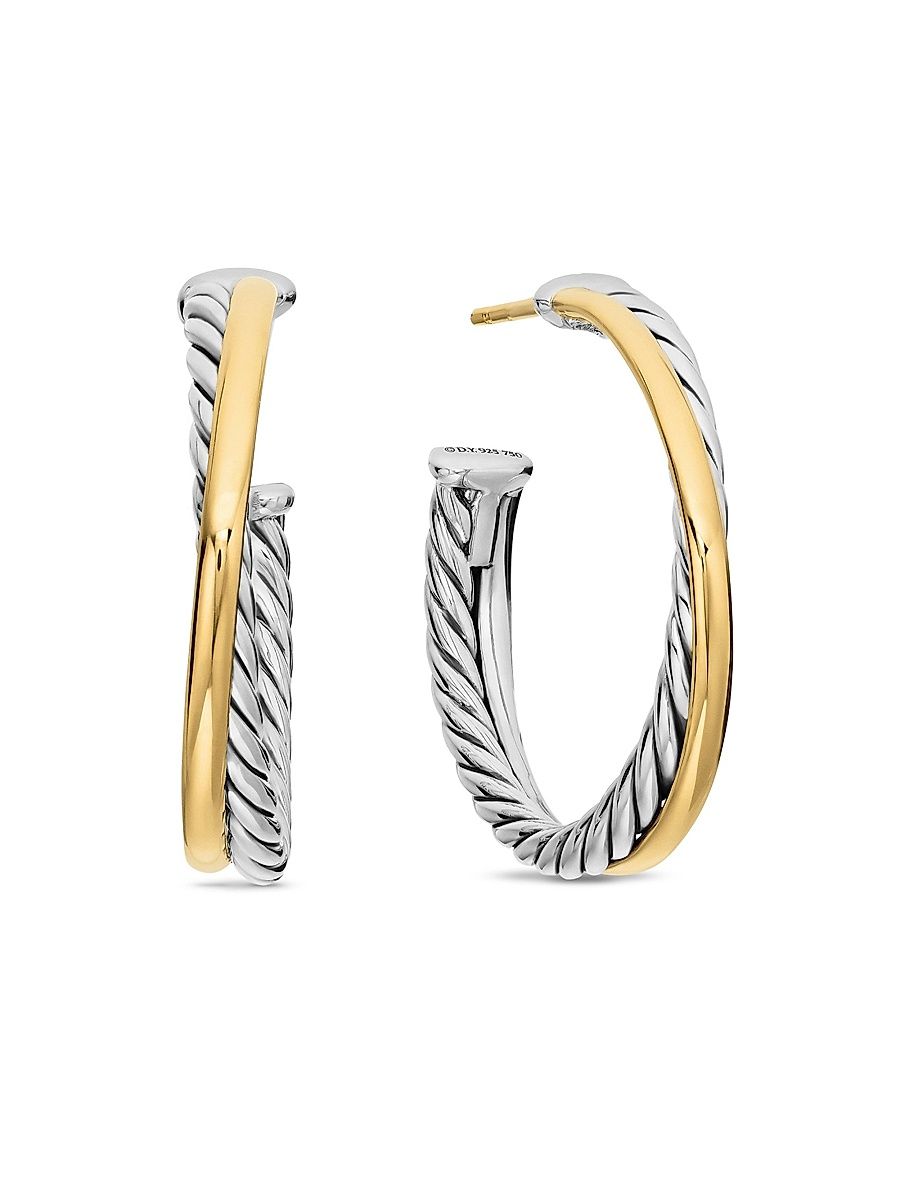 Women's Crossover Hoop Earrings in Sterling Silver with 18K Yellow Gold, 26.5MM - Silver