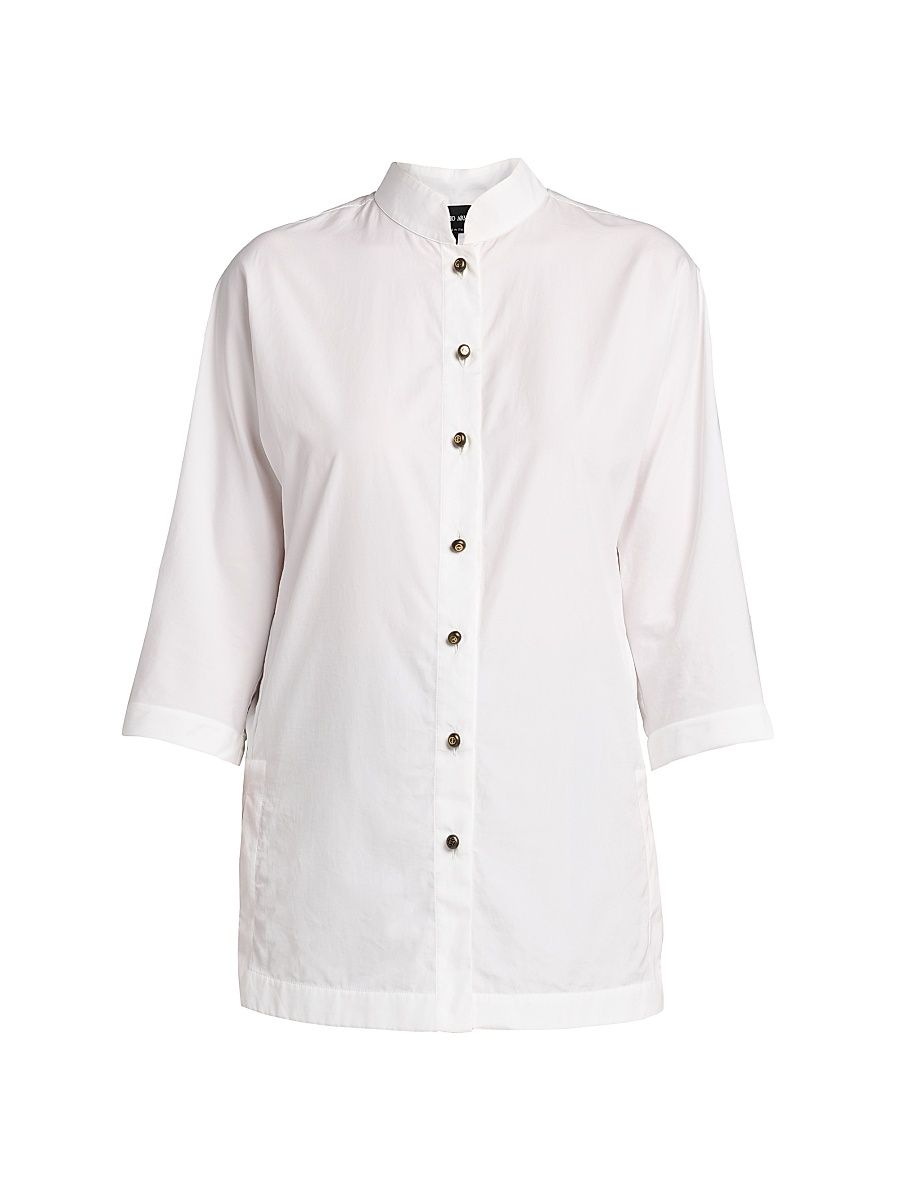 Women's Longline Cotton Poplin Button-Front Blouse - Solid White - Size 16