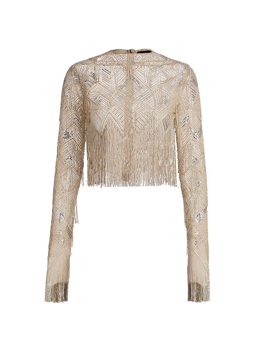 Women's Geometric Crystal Fringe Crop Top - Silver - Size 2