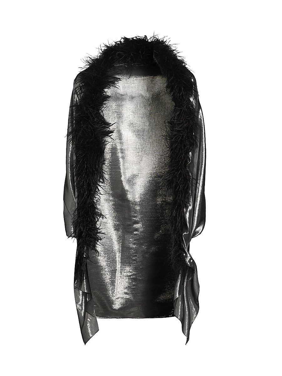 Women's Metallic Silk Feather-Trim Shawl - Metallic Black