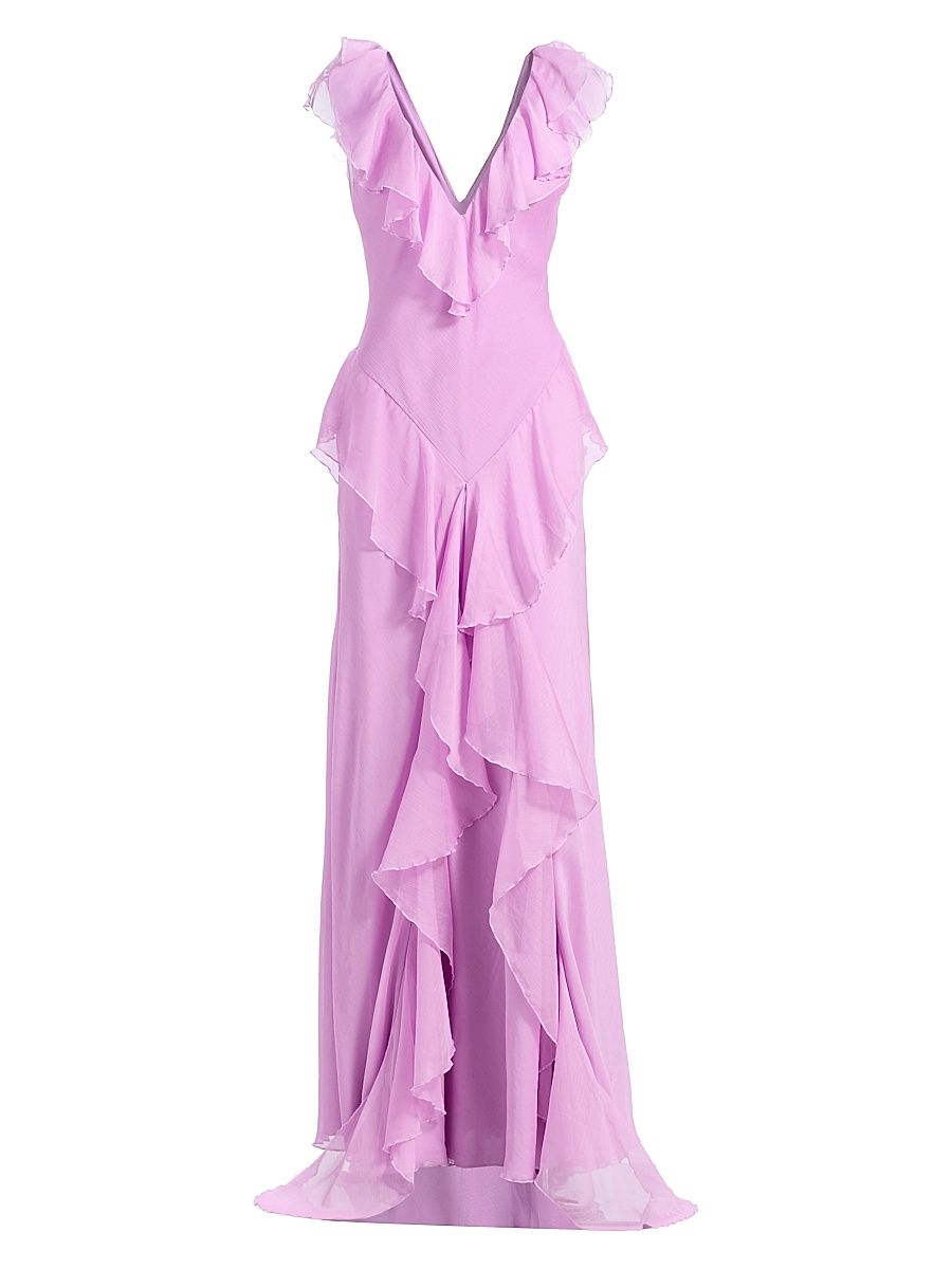 Women's Estella Ruffled Chiffon Bias-Cut Gown - Pink Dolphin - Size 12