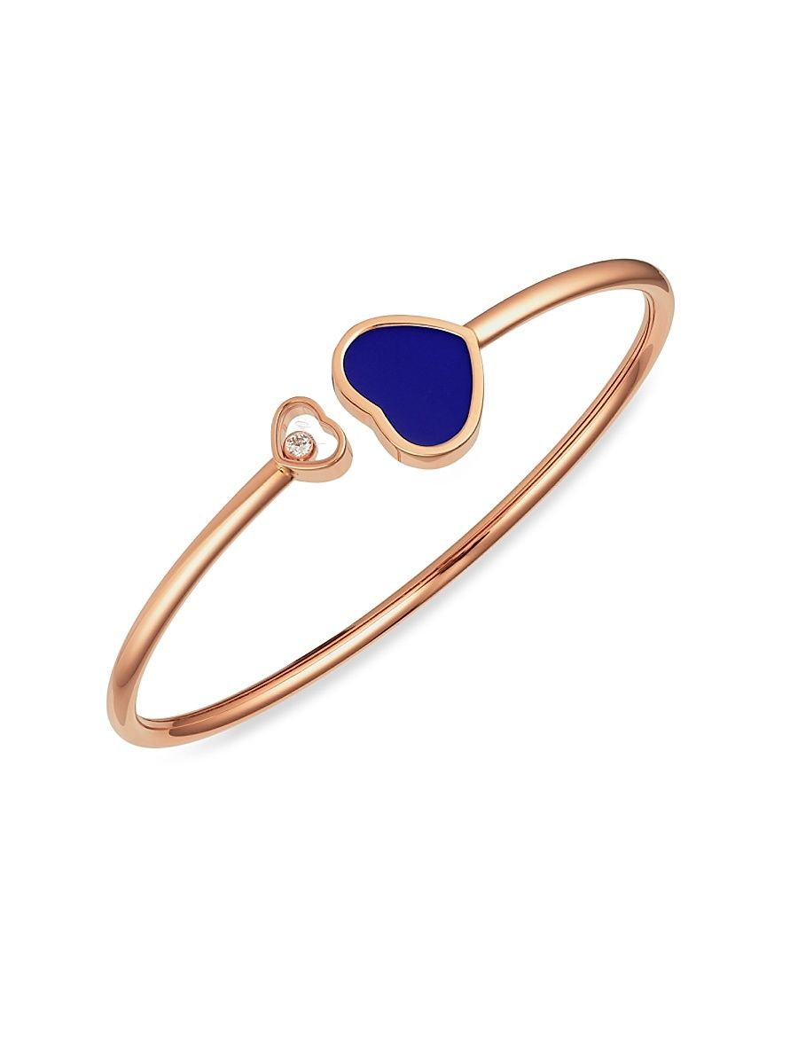 Women's Happy Hearts 18K Rose Gold, Diamond & Blue Stone Bangle - Lapis - Size Small