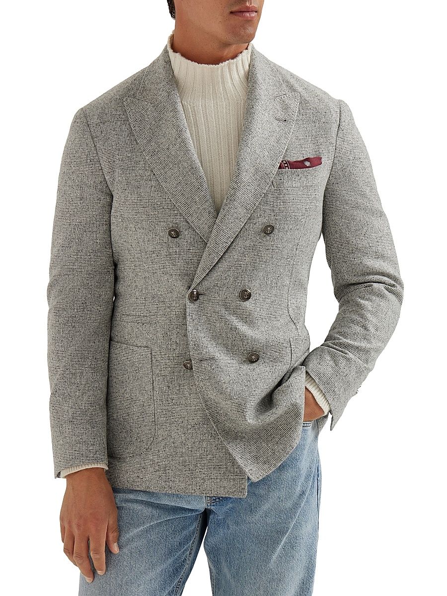 Men's Flecked Prince of Wales Flannel One and a Half Breasted Deconstructed Blazer - Light Grey - Size 46