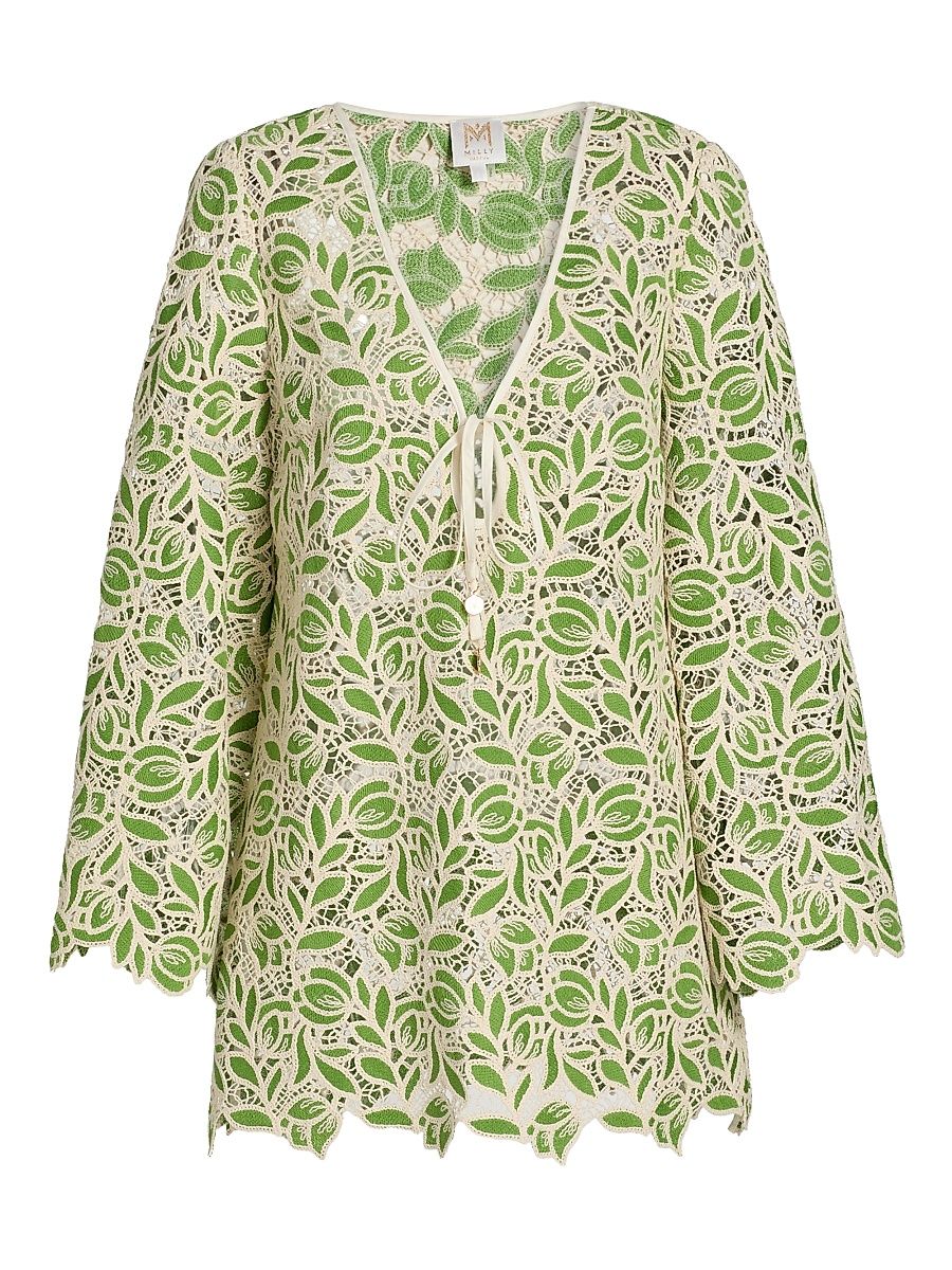 Women's Green Leaf Cotton-Blend Cover-Up Minidress - Green - Size Large