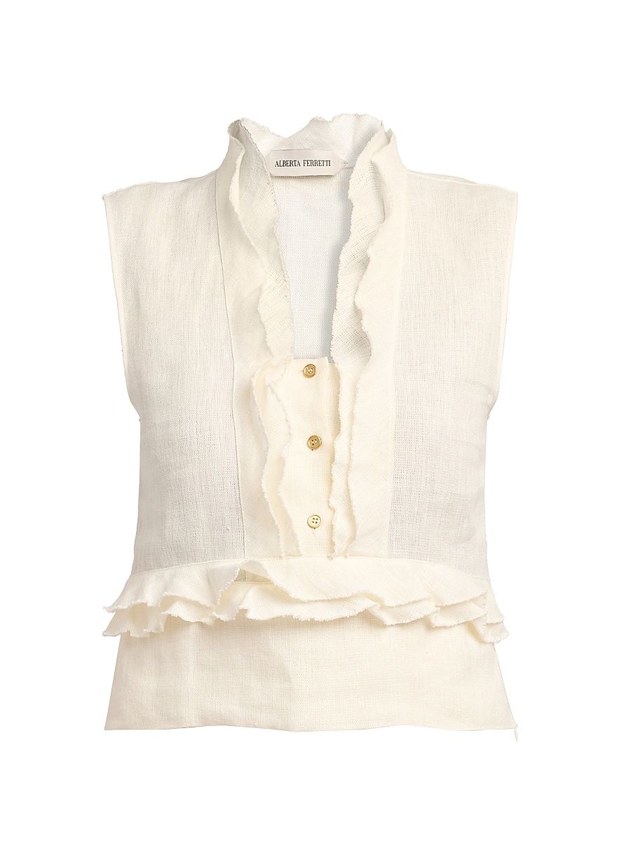 Women's Ruffled Linen Sleeveless Blouse - Ivory - Size 10