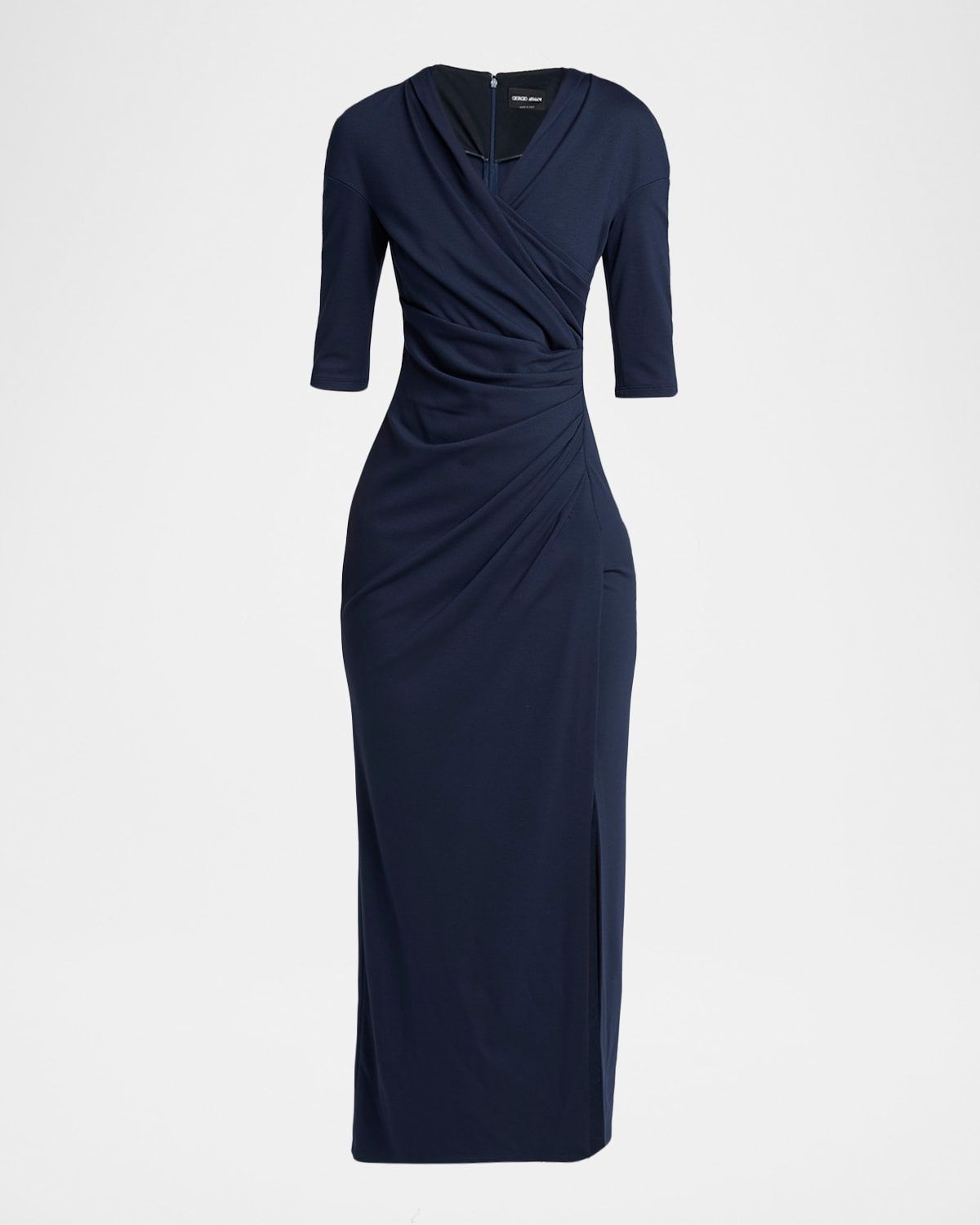 Elbow-Sleeve Draped Slit Midi Dress