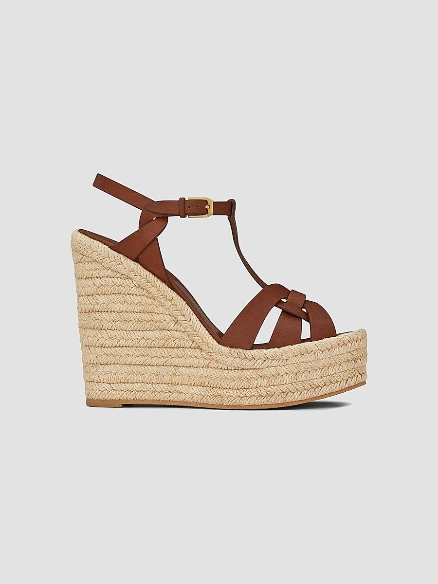 Saint Laurent Women's Tribute Leather Espadrille Wedge Sandals - Ambra - Size 5.5