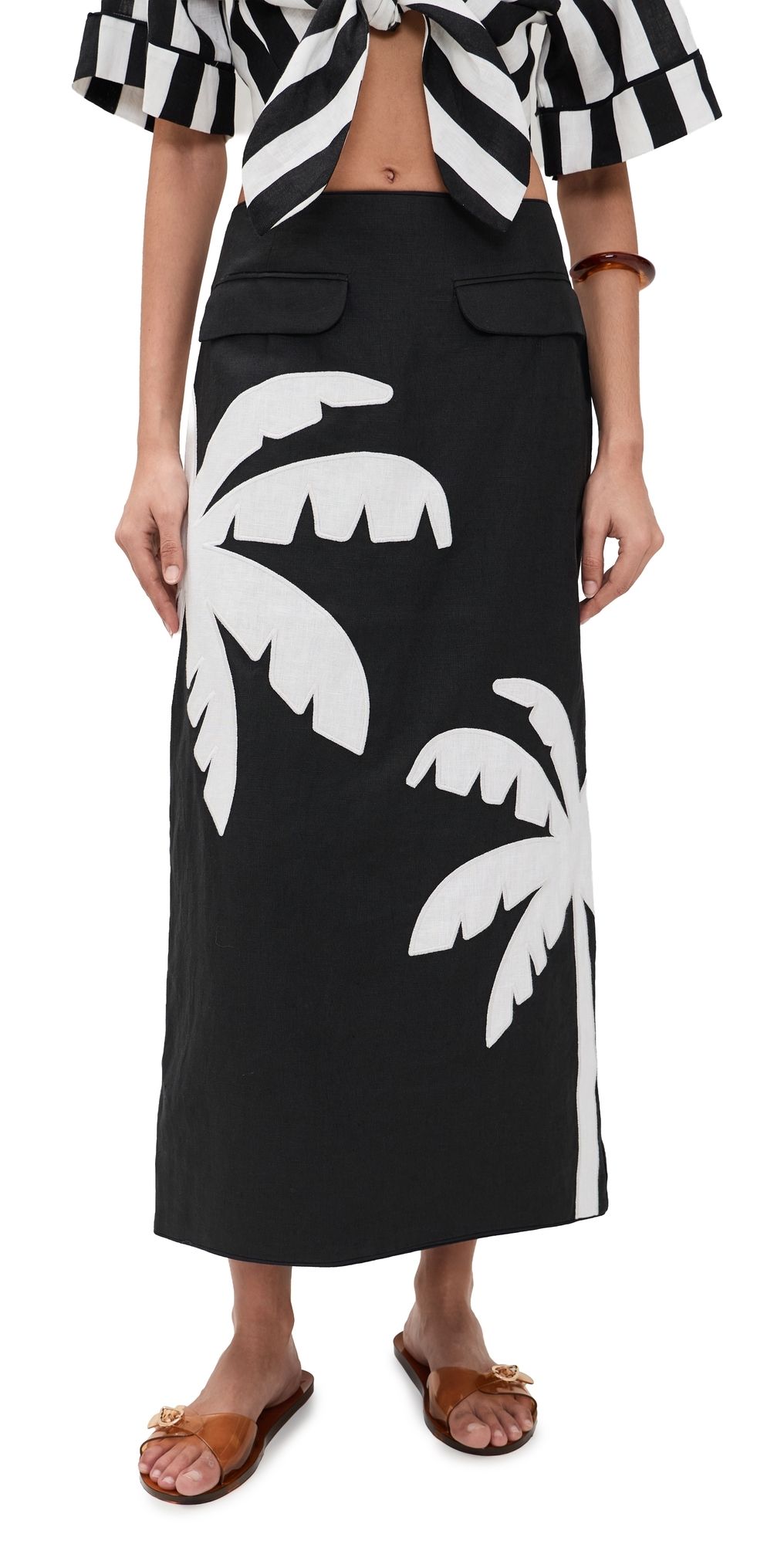 FARM Rio Embroidered Palm Tree Maxi Skirt Black XS