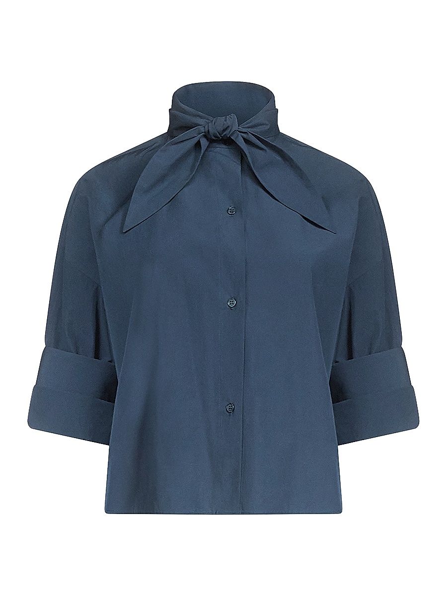 Women's Tie One On Cotton Tieneck Shirt - Sea Storm - Size XS