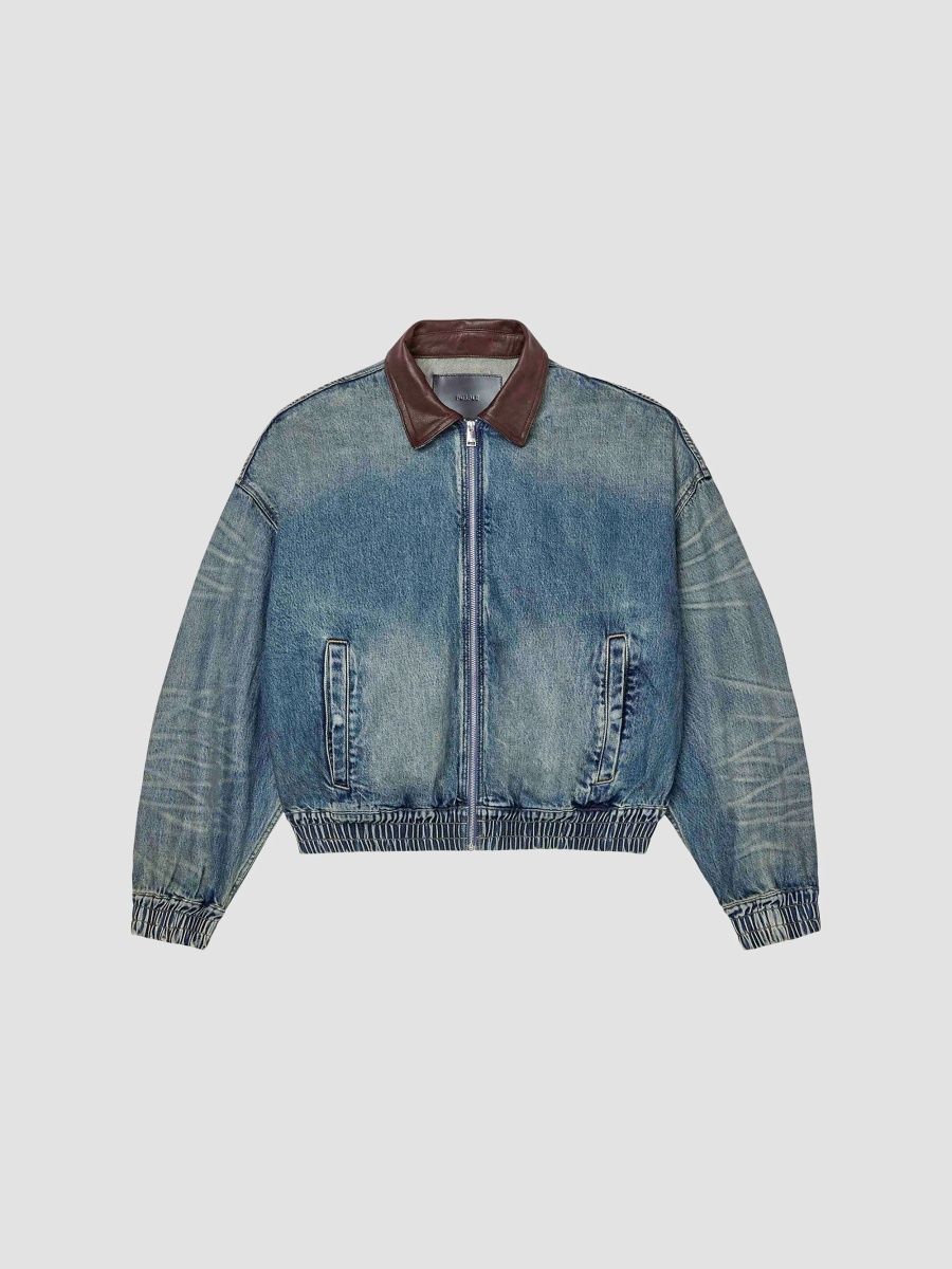 Purple Brand Men's Contrast-Collar Cotton Denim Oversized Jacket - Dark Indigo - Size XXL