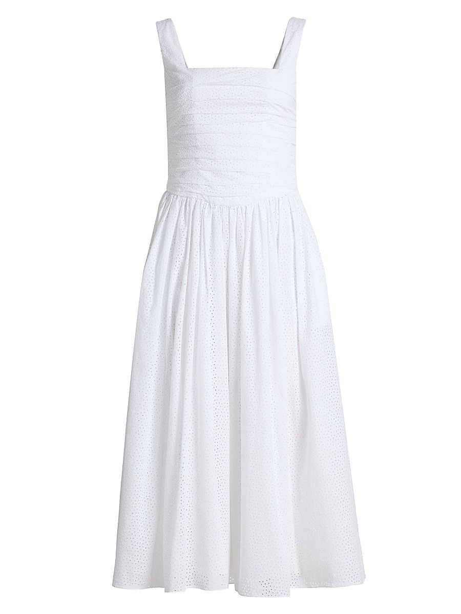 Women's Maeve Ruched Eyelet Cotton Midi-Dress - White Floral Eyelet - Size 0