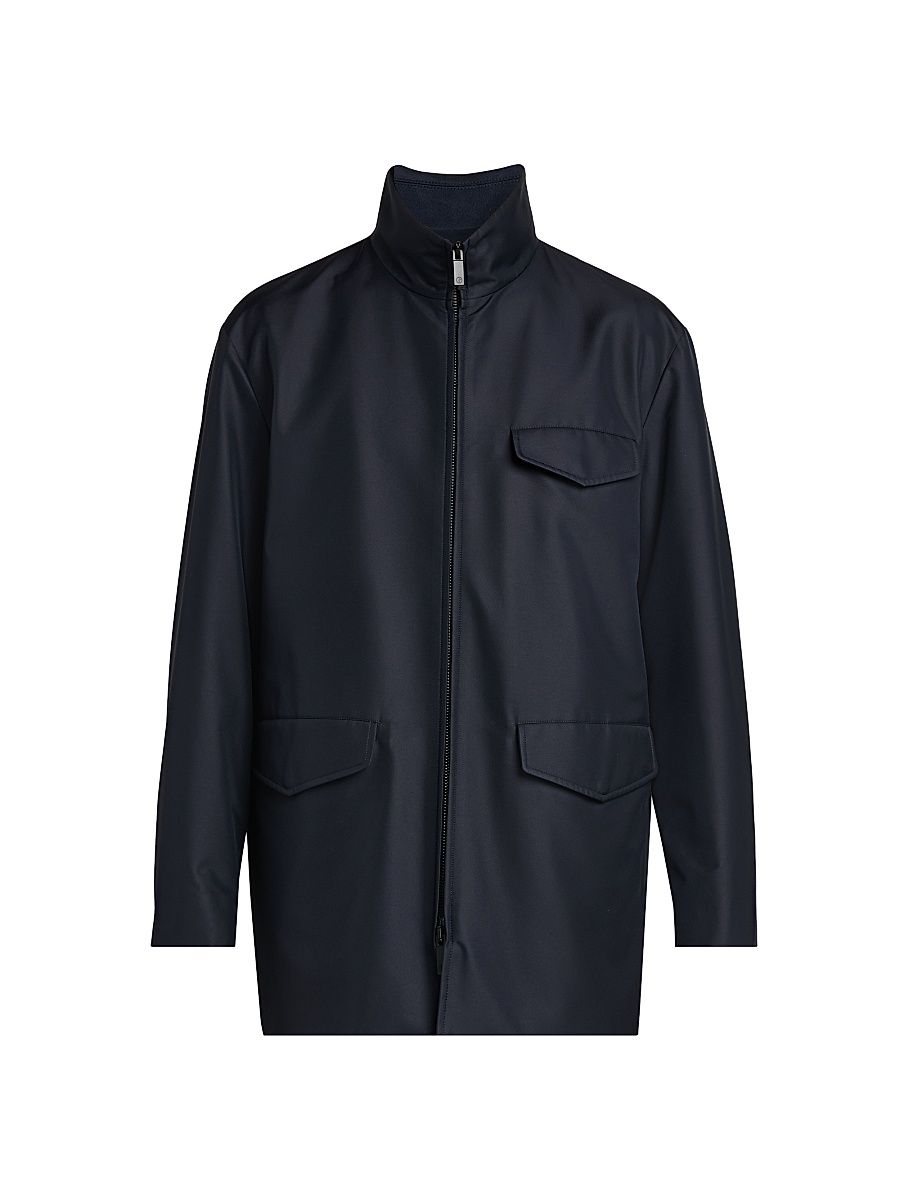 Men's Stand-Collar Silk-Blend Peacoat - Solid Blue - Size 48