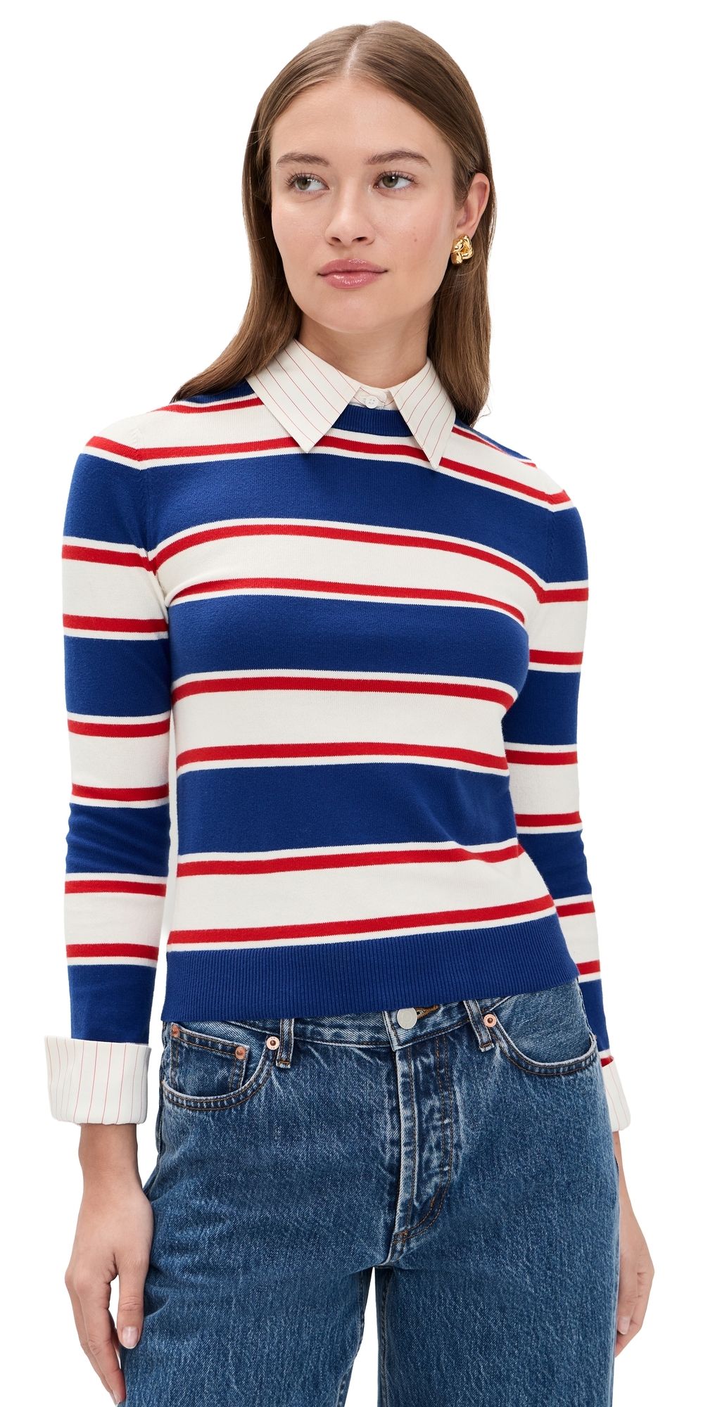 ALICE + OLIVIA Porla Collared Sweater Americana Stripe XL