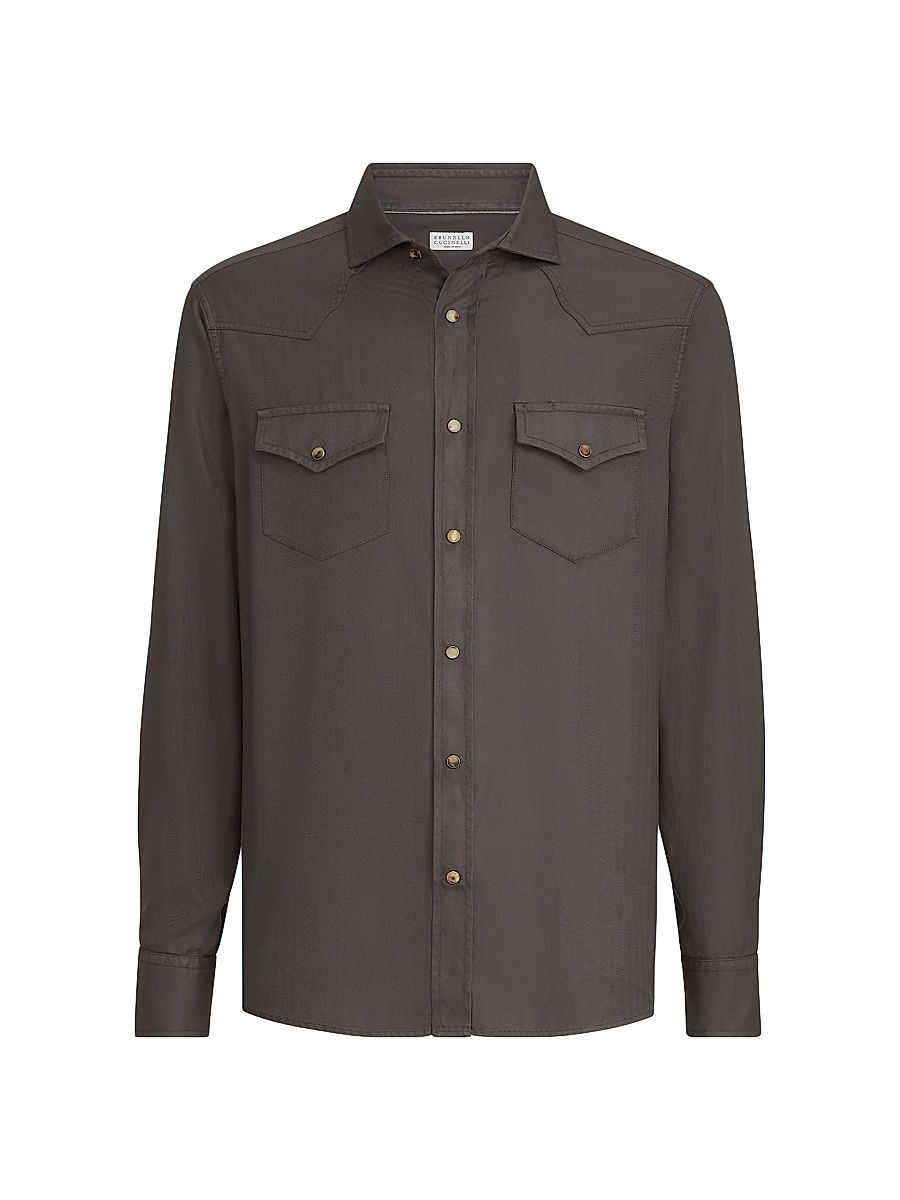 Men's Garment Dyed Easy Fit Western Shirt in Cotton Chevron - Brown - Size XXXXL