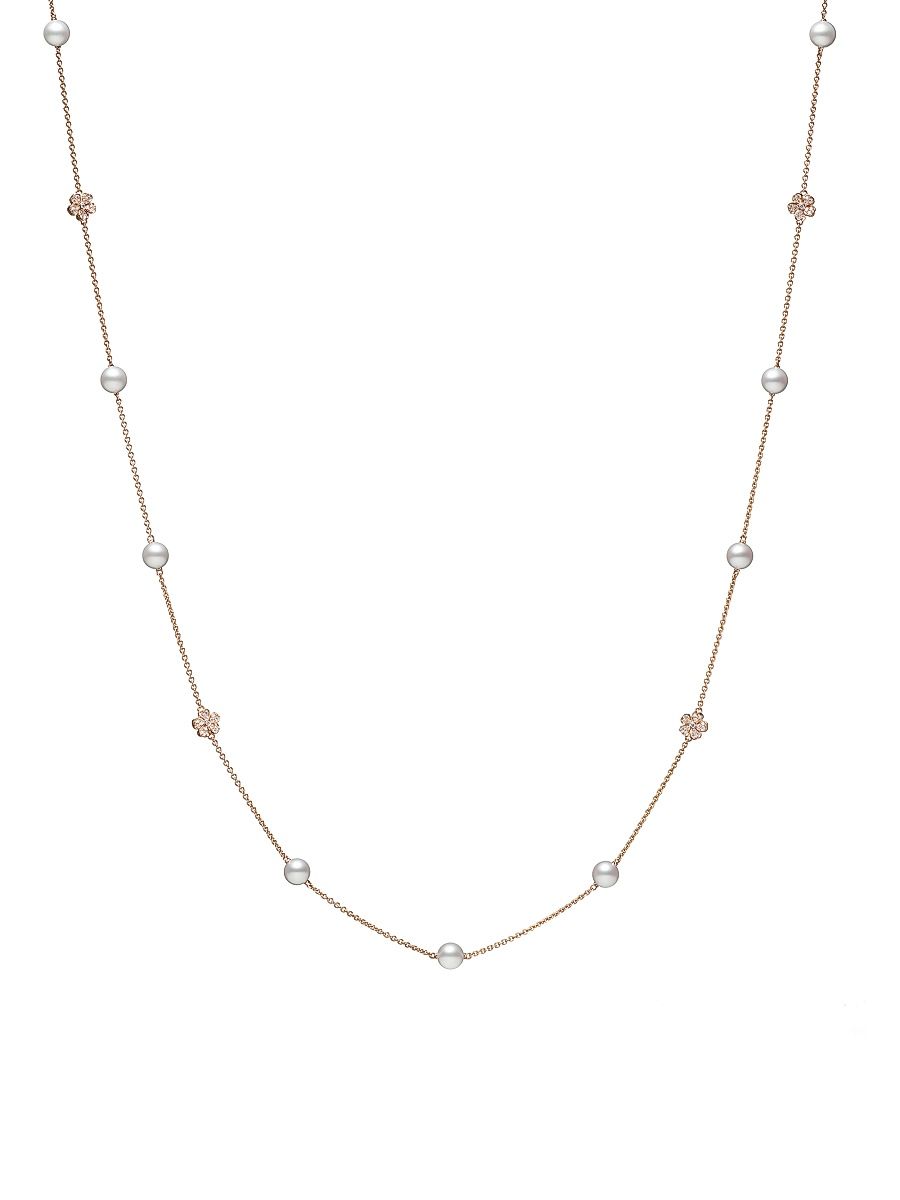 Women's Cherry Blossom 18K Rose Gold, Diamond & Pearl Station Necklace - Rose Gold - Size 34