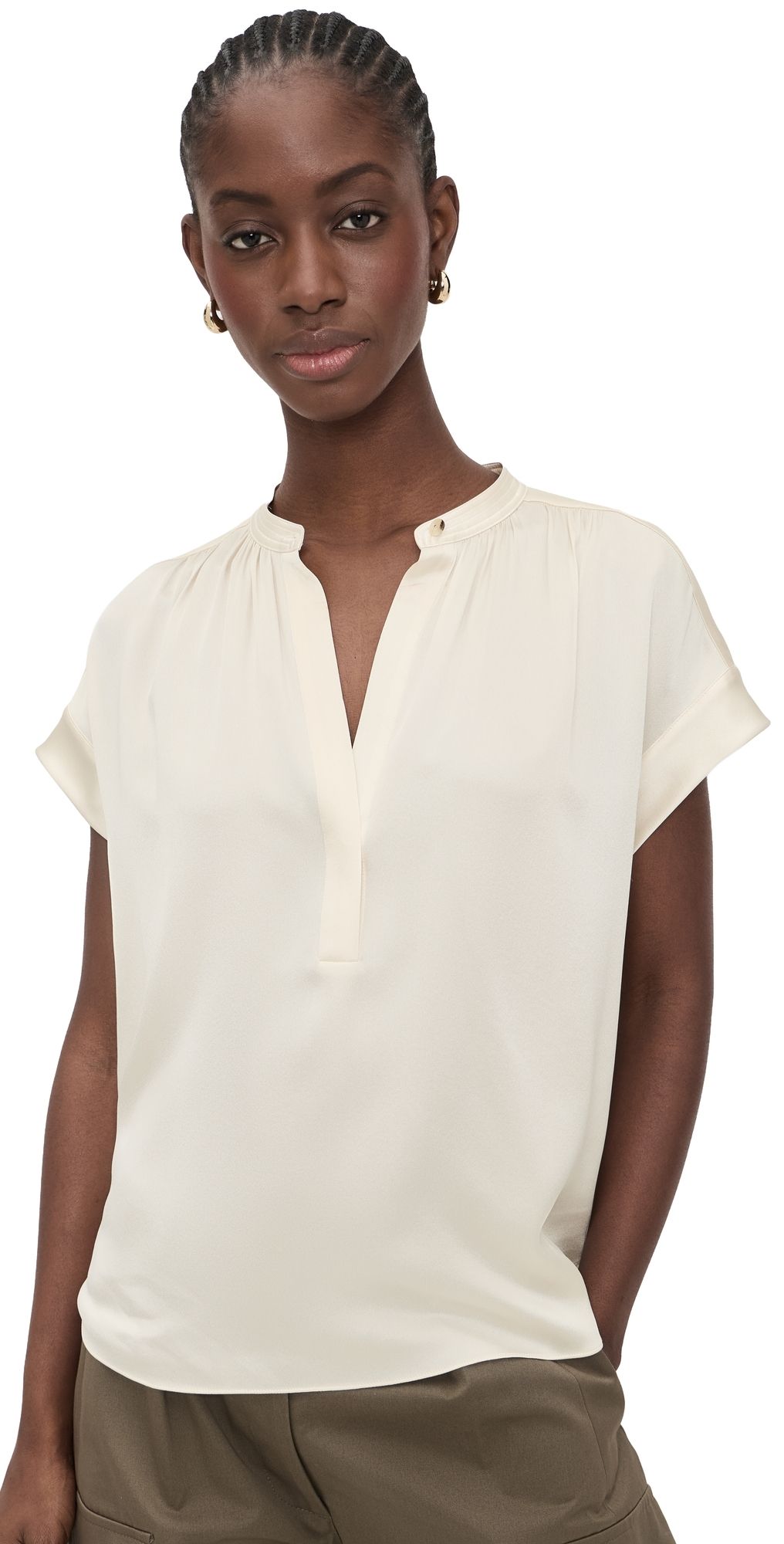 Vince Gathered Neck Cap Sleeve Silk Blouse Del Mar XXS