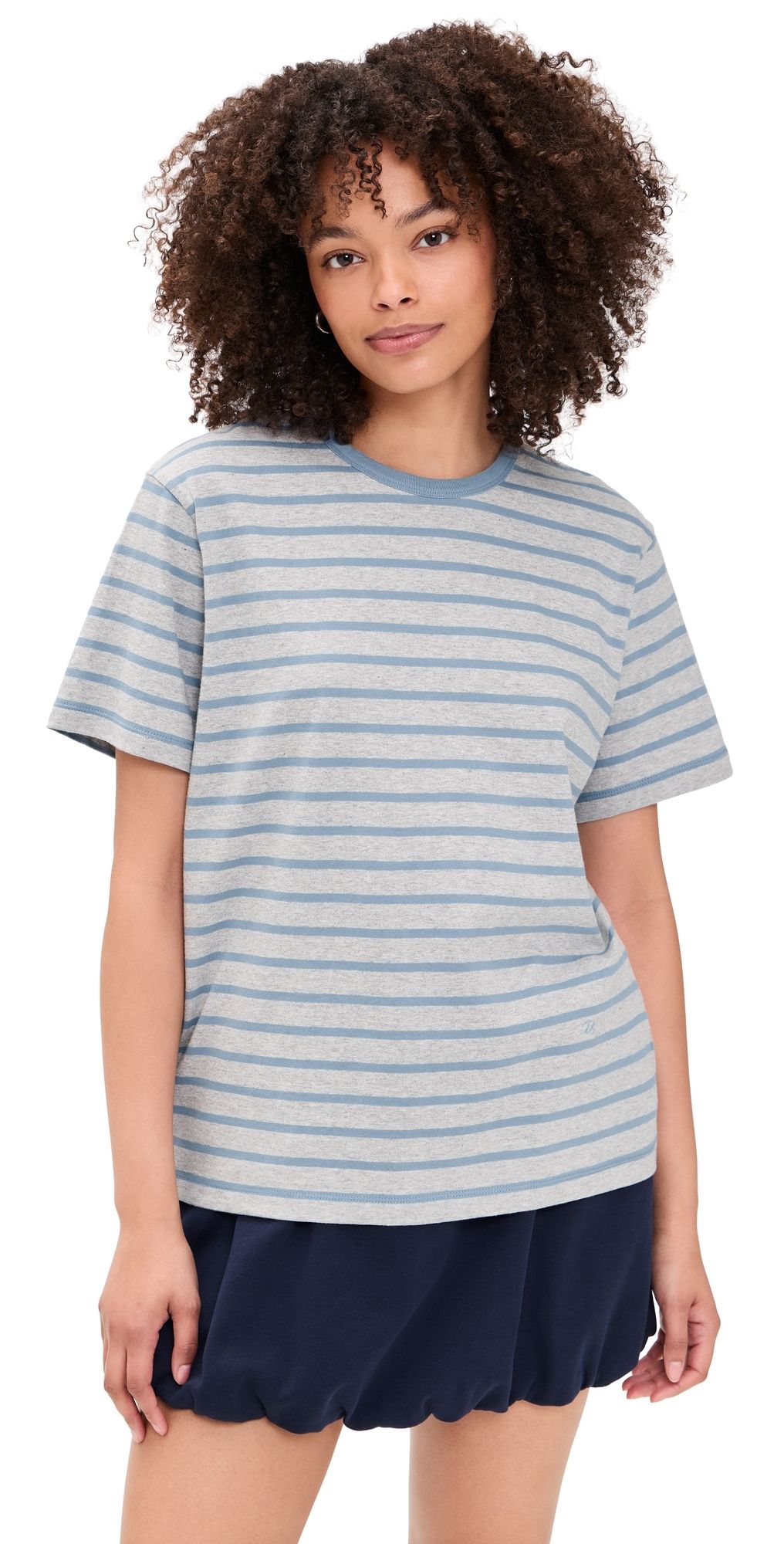 DUNST Striped T-Shirt Melange Grey/Soft Blue XL